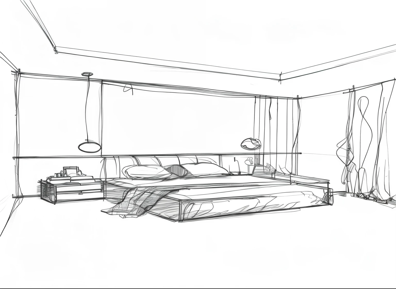 a drawing of a bedroom with a bed and a night stand, sketch illustration, sketch, sketch style, line sketch, a sketch, dim bedroom, high quality sketch, sketch black and white colors, in a bedroom, concept sketch, rough sketch, bedroom background, concept art sketch, bed room, an interior of room, inside of a bedroom, sketchy