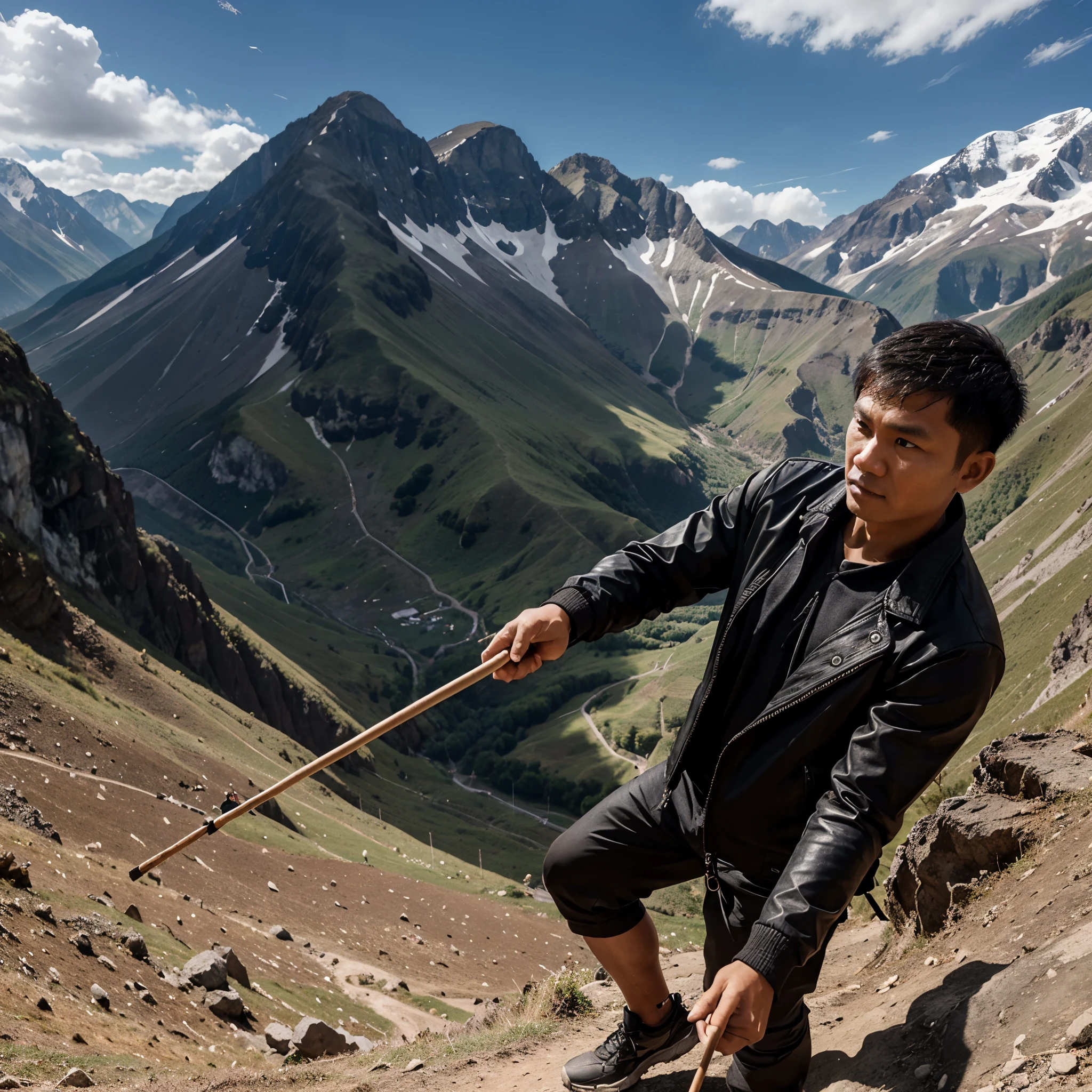 an Indonesian man with short hair wearing a black jacket is climbing a mountain with a stick in his hand, realistic