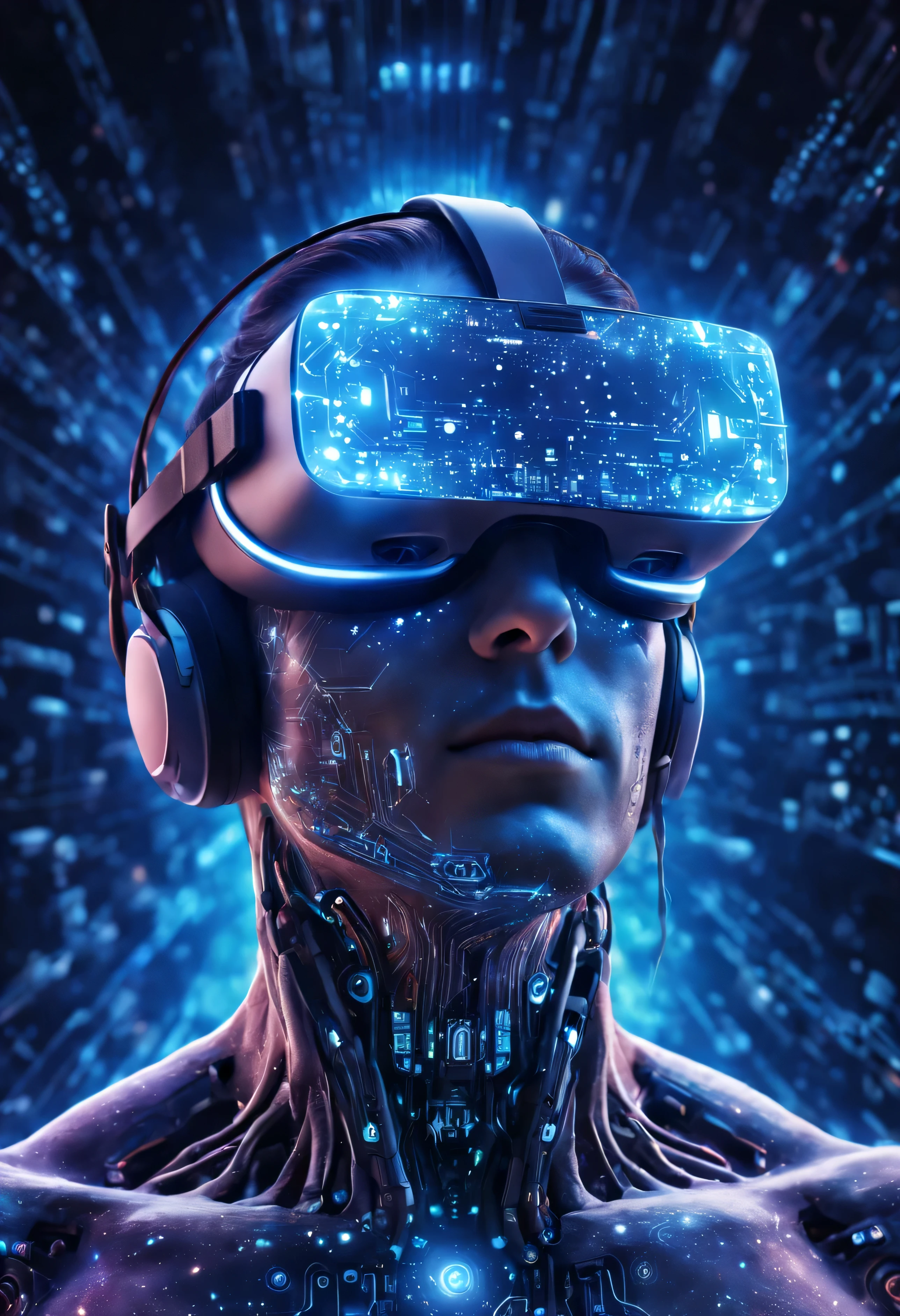 Cyborg flotando en el ciberespacio usando gafas VR, ultra detallado,Sharp focus,Mejor calidad,8K,high resolution,Obra maestra:1.2,vivid colors, Illustration focused on space background of electronic circuits between stars and galaxies.