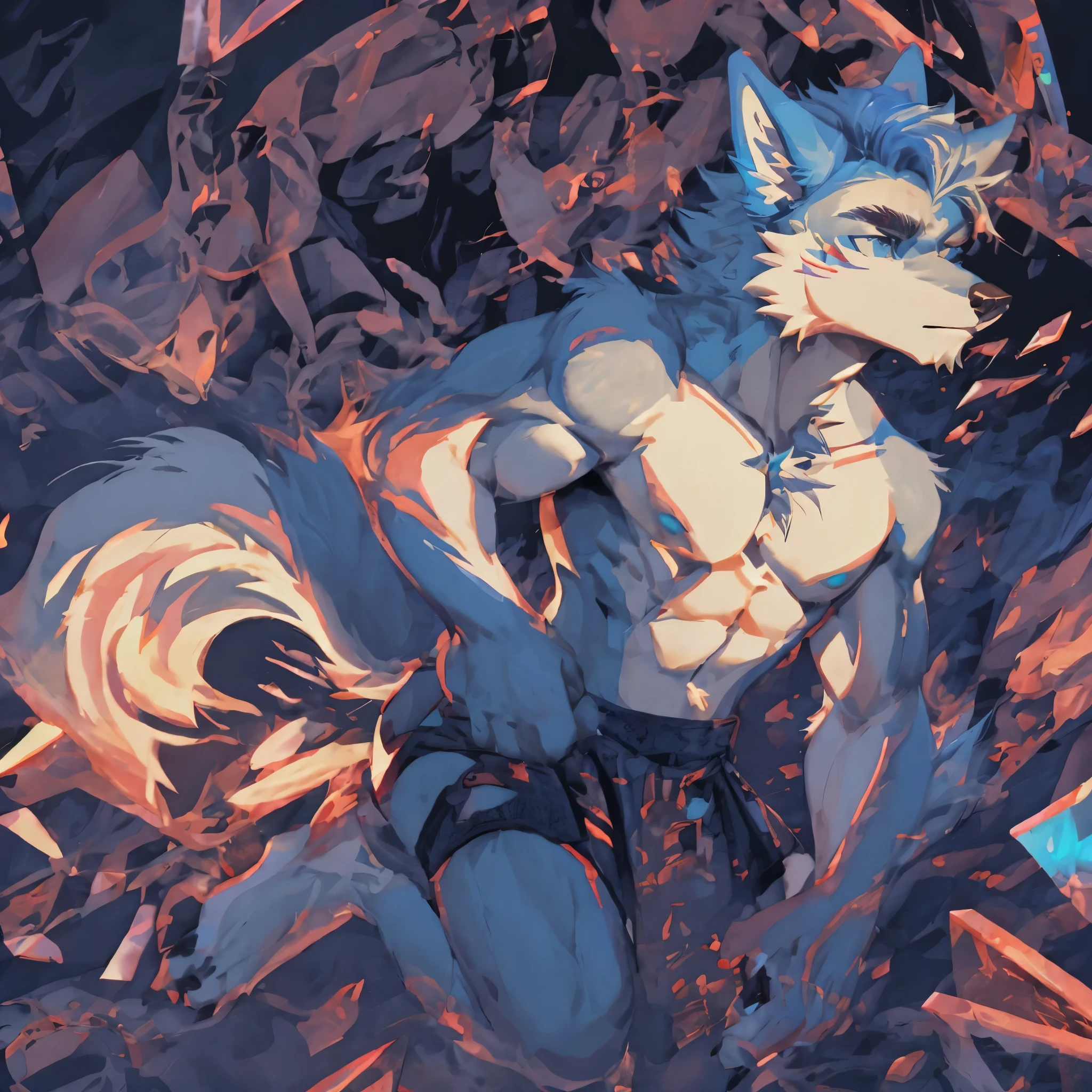 by zixiong, (1boy), solo, male, kemono, (blue wolf), white torso, (naked), wolf ears, handsome, muscular, adult, hunk, hot body, (detailed black eyes), detailed face, detailed hands, white eyebrows, (1 detailed big hard penis erection), thick body, nipples, (full-body), happy, a wolf tail, 5 fingers/hand, 6-pack abs, masterpiece, high res, best quality), 8k, perfect art, (nsfw), (lineart), best anatomy, hell