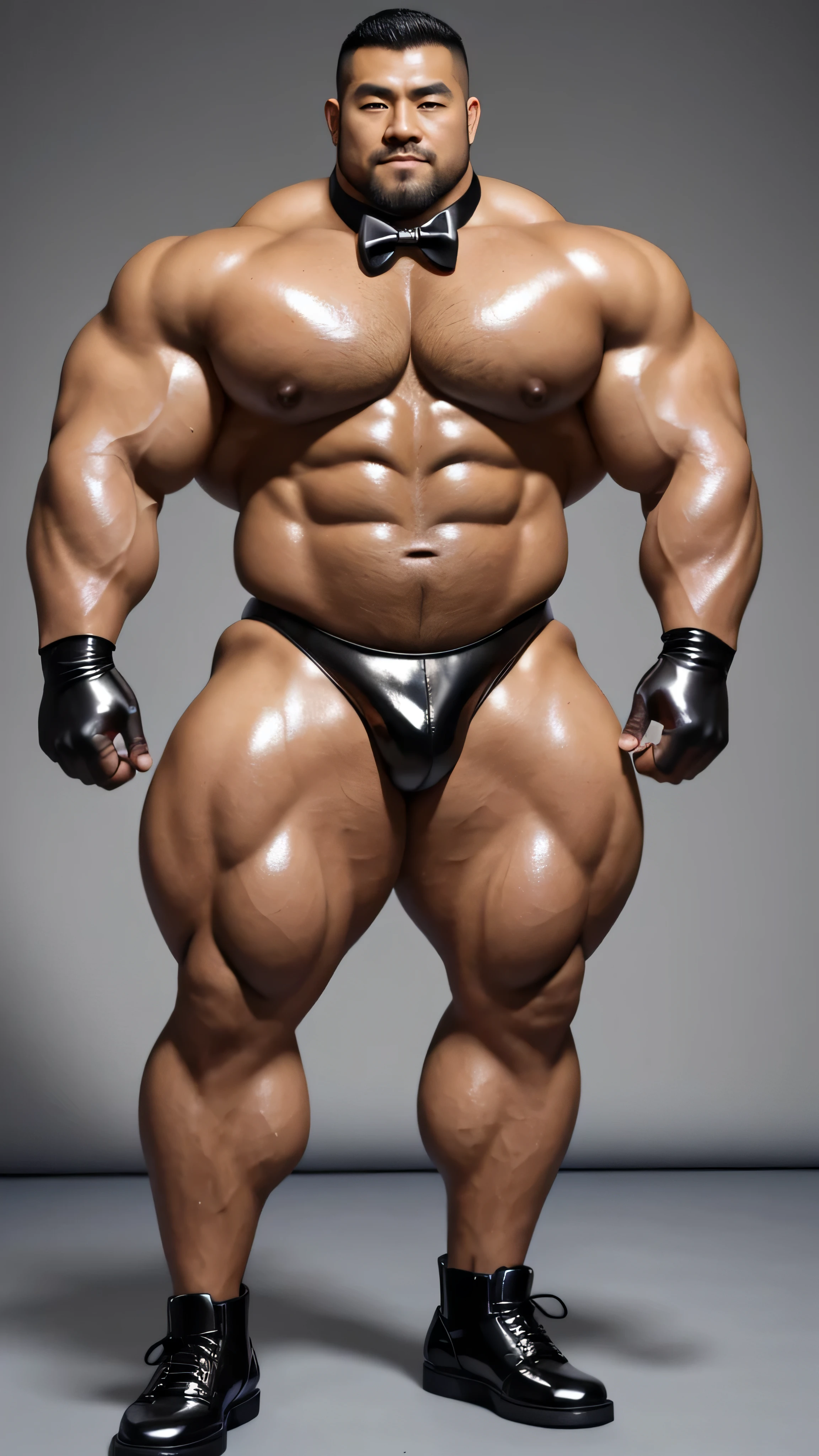 There is only one person in the picture,一位中国bodybuilding运动员,30 years old,High, bodybuilding,standing in front of gray background board,Paired with glossy black leather bow tie,short hair, O-shaped beard,Perfect body, Dark and shiny complexion,Muscle bulge, muscular, Very big pecs,Very y abs,Leg muscles are very developed,High and burly,Huge bumpy area,Brighten oily skin,Black leather shiny leather gloves, Wearing a gold leather shiny thong, Wear black leather shoes to shine,handsome face,Detailed facial features, Correct and accurate male anatomy, full-body shot, Large pecs, Wet oil wax gloss for oily muscles and skin,Professional photography。