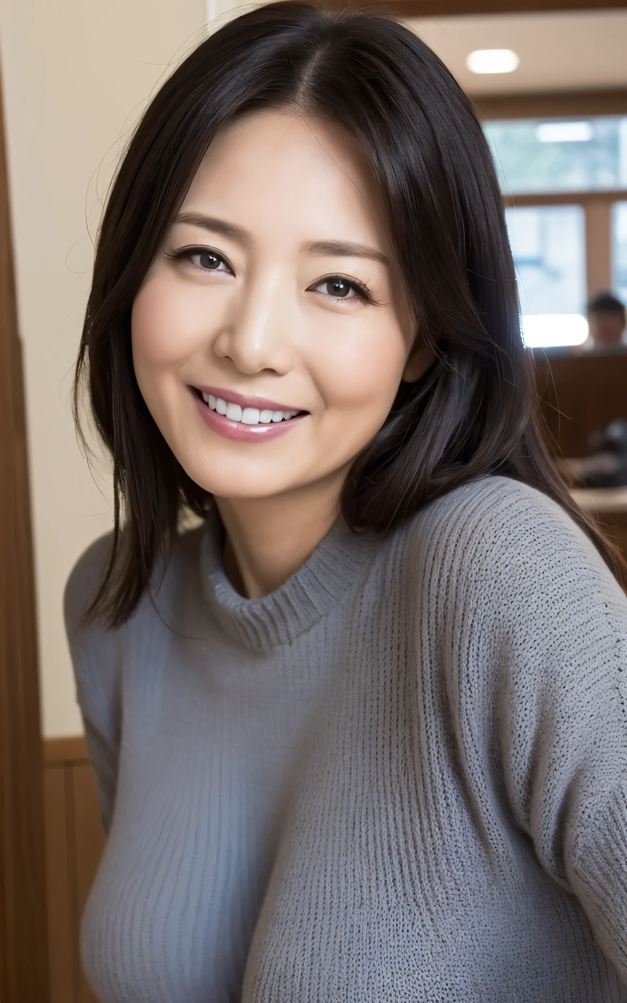 ((Best Quality, 8K, masutepiece :1.3)), Sharp Focus :1.2, beautiful mature women, 48yo, A MILF, ((Loose knit shirt)), downbrouse, ((Leaning forward)), (Huge breasts), (Smile:1.15), Highly detailed face and skin texture, Detailed eyes, (Round face:1.4), Shop at the morning market1.5、Capturing the whole body from a distance2.0