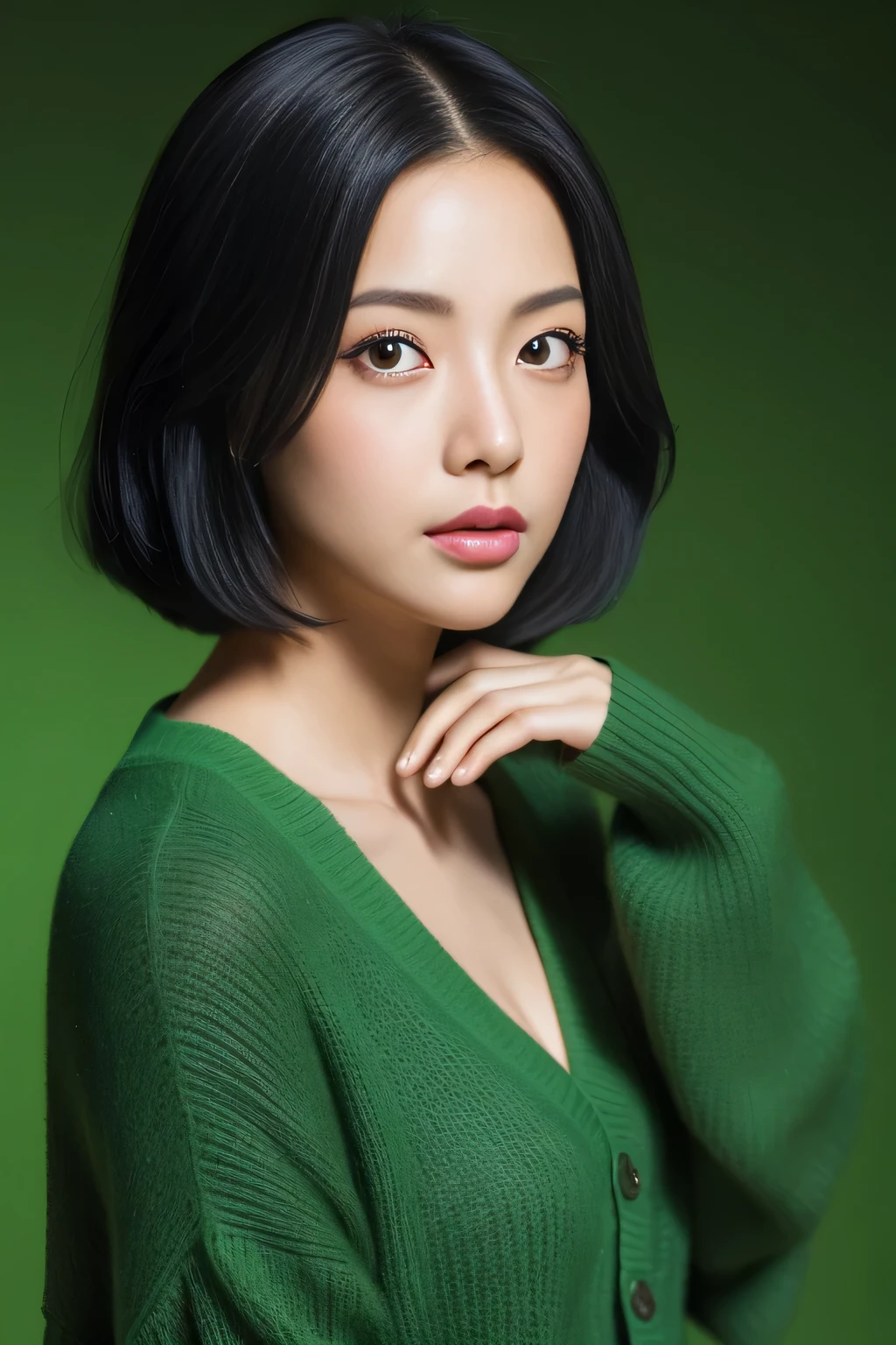 (masterpiece、High resolution)、one woman,cardigan,sexy pose,,thin,beautiful face,double eyelid,surprised face,bob hair,black hair,black eye,light green background color,Comb your hair with both hands,Mysterious,high quality,realistic,perfect japan,Beautiful woman,gravure,Snazzy,Fashion Model