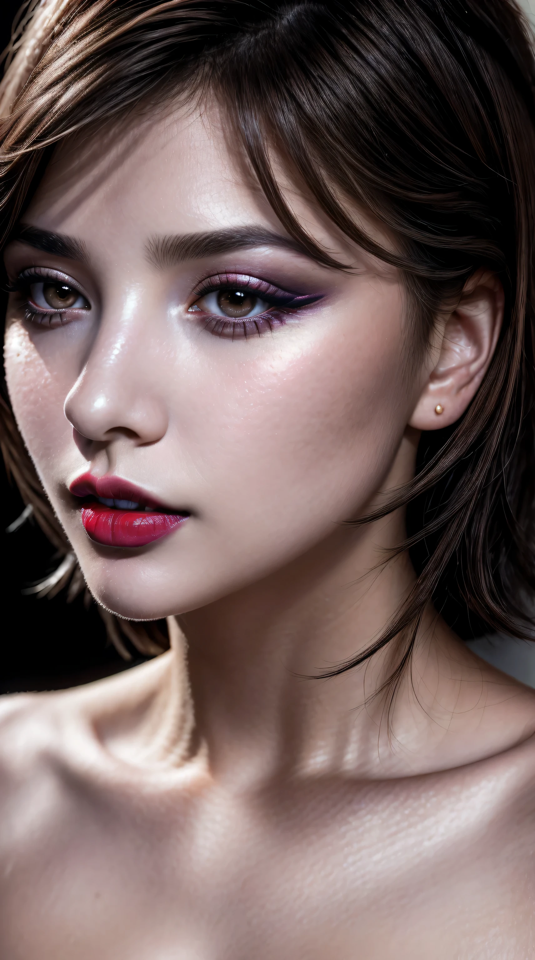 (ultra-detailed primetime portraits)、 ((Ultra-realistic最high quality、 8K、 The ultra -The high-definition))、(beautiful face:1.6)、(detailed face:1.6)、(detailed eyes:1.45)、(detailed lips:1.3)、(Detailed nose:1.2)、1girl:1.3 22years old、fashion supermodel、real:1.5、photorealistic:1.5、very delicate and beautiful、masterpiece, ((absurdres))、 ((sharp fous))、(Glamour, paparazzi taking pictures of her)、 (light dark short hair、extremely detailed)、 contrast、 (dark shot:1.04)、 Long blue_eyelashes:1.25、 (dark_eyeshadows:1.3)、 (red_lipstick:1.24)、((perfect round eyes))、 (aqua blue_eyes:1.15)、 purple_makeup:1.12、(matte skin:1.3)、