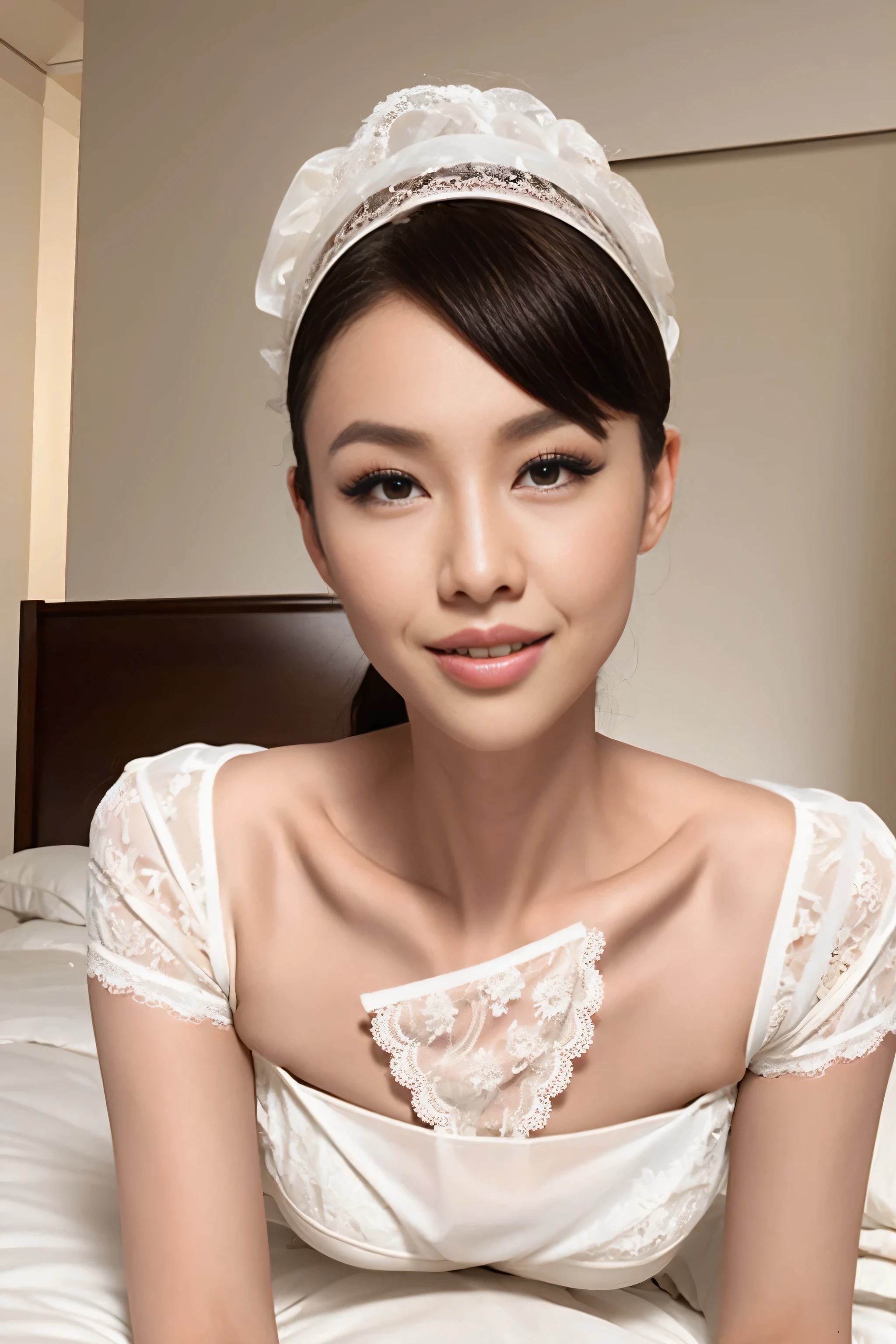 fashion model 20 years old [[[[close up]]]], [[[[neck]]]], [[[[Shoulder]]]], perfect eyes, perfect iris，perfect lips，perfect teeth，Perfect skin，White skin，Soft headlight，High Density Imaging Review，Face slimming type，slender nose，long black hair，（Face is clear and delicate），((white lace underwear))，((Sexy))，(((broken into pieces)))，((The background is the bedroom))，((Deluxe king bed))，best quality，masterpiece，（pastel colors：1.2）