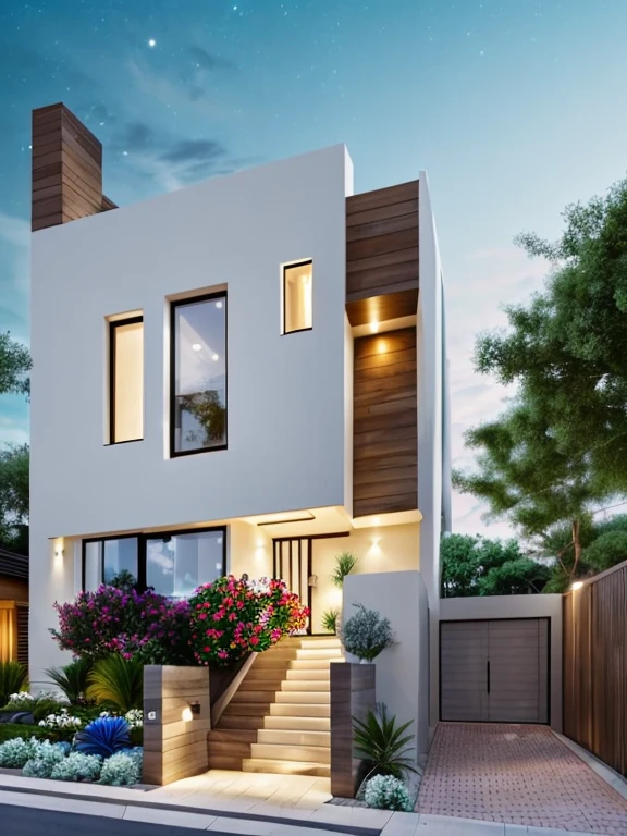 Ultra-realistic 8k, hd image quality, sharp detail, 2-story modern house, main materials: white walls, wooden ceiling accents, large glass windows, roads, cars, sidewalks, American Palm trees high, has a small alley, located in a residential area, modern style, shimmering sky, sunset light, feels peaceful, beautiful, close and warm, ((Warm light from indoor:1.3)), (daylight:1.2), perfect lighting,dynamic light,2 large glass doors,((1 large glass window:1.3)), (night light), (colorful flowers in front of the house)