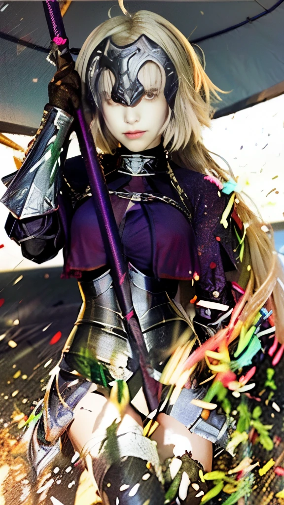 a close up of a woman in armor holding a sword, holding a sword on her shoulder, fate / stay night, anime style like fate/stay night, she is holding a sword, fate stay night, artoria pendragon, armor girl, inspired by Li Chevalier, fate grand order, female knight, female paladin, from arknights, with large sword,金色头发,头戴护甲,长辫子