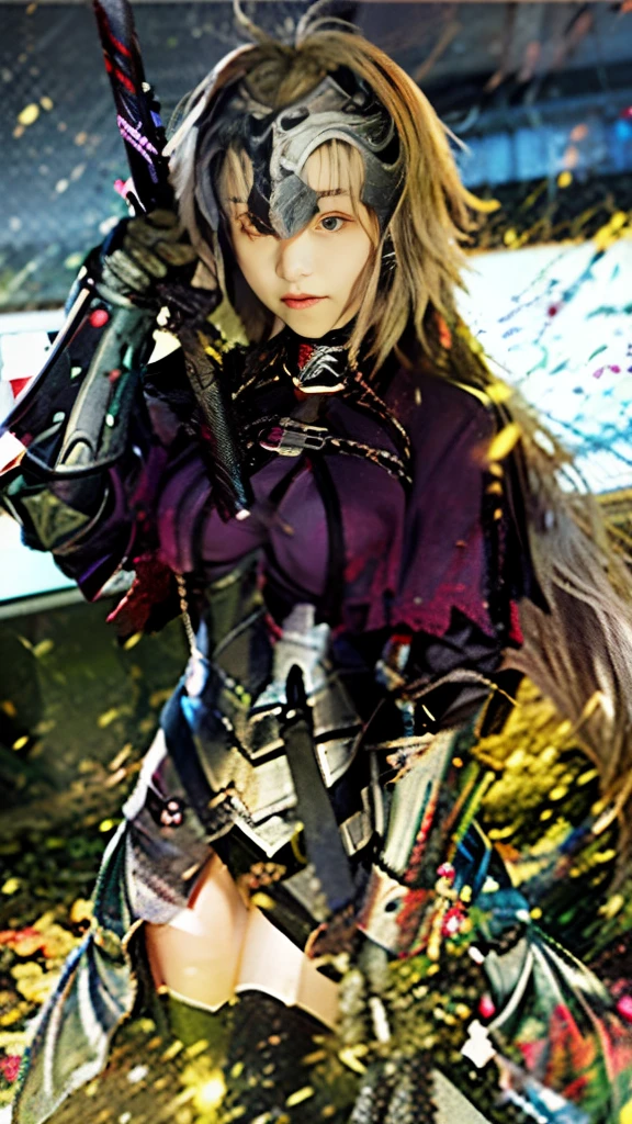 a close up of a woman in armor holding a sword, holding a sword on her shoulder, fate / stay night, anime style like fate/stay night, she is holding a sword, fate stay night, artoria pendragon, armor girl, inspired by Li Chevalier, fate grand order, female knight, female paladin, from arknights, with large sword，金色头发，头戴护甲，长辫子