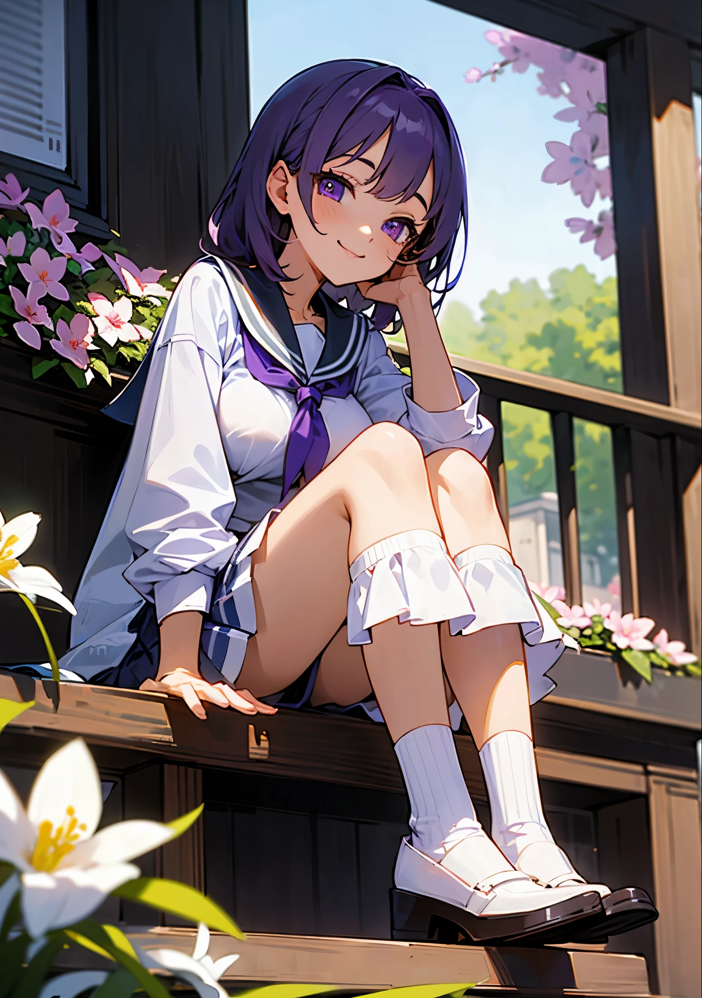 smiling ((school outfit)) sitting,spring flowers.on a balcony, Should give of comfy/cozy vibes, purple hair, purple eyes, big breast, adult, , skirt