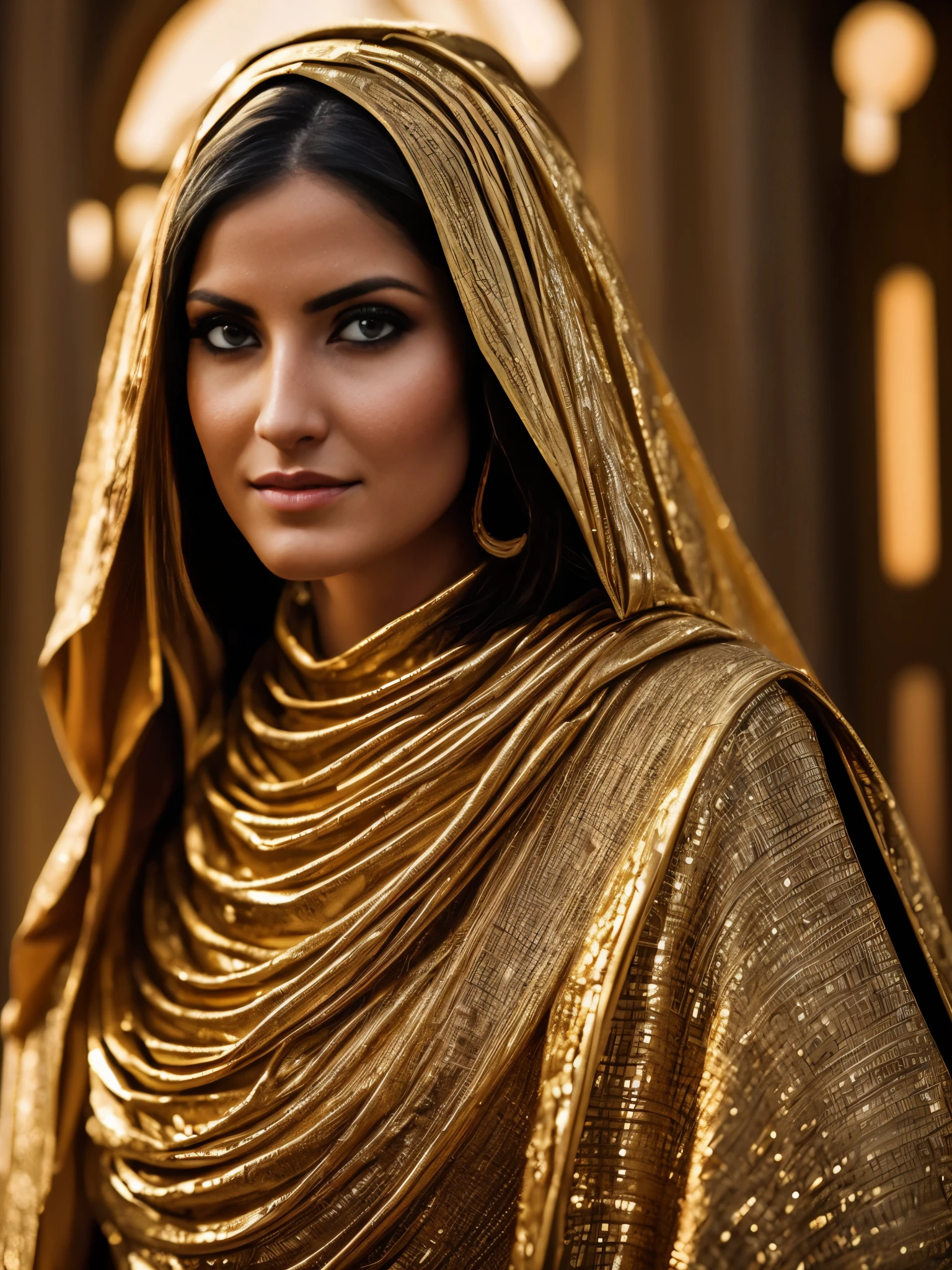 [Full-length portrait] [European female fashion model, 35 years of age] [clad in garb reminiscent of ancient Egypt] [Happy facial expression] [Setting: historic Egypt][Lighting type: dramatic lighting], incredibly lifelike, 8K, crazily detailed, exquisitely color graded, editorial photography, photography, bokeh, captured with a 60mm lens, ISO 300, f/4, 1/200th