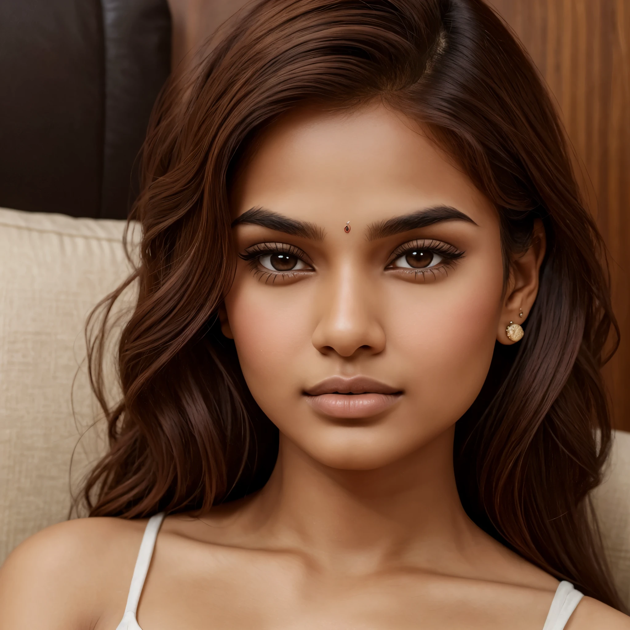 A young indian woman aged 23 with mid length red hair laying on a couch, ultra realistic, body measurements-33:27:36, absolutely stunning, beautiful detailed portrait, light brown skin color, brown eyes, wavy hair till waist, oval shaped face, pointed chin, 8k, heart shaped lips, thin pointed eyebrows, sharp neckline, close mouth, height-5'3, weight-45 kg, small monolid eyes, turn up nose, exact fingers, human, highly rendered,8k, realistic, pointed ear shape, straight snub nose