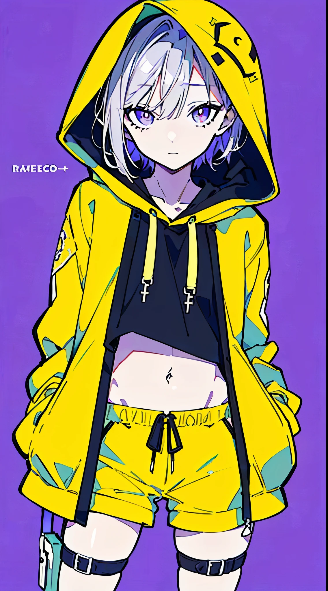 (masterpiece, highest quality:1.6), alone, thick outline, (simple background, bright purple background, monochrome, beautiful yellow theme:1.2), official art, Key Visual, 8k, confused, whole body, (unique hair, oversized hoodie, hot pants, wearing a hood, arch back, short torso:1.2), belly button, thighs, cowboy shot, HDR, sharp focus, High resolution, most detailed, very detailed, Super detailed, finely, detailed eyes and face, sharp pupils, realistic student, alone, yellow and purple contrast, alone, put one&#39;s hand in one&#39;s pocket