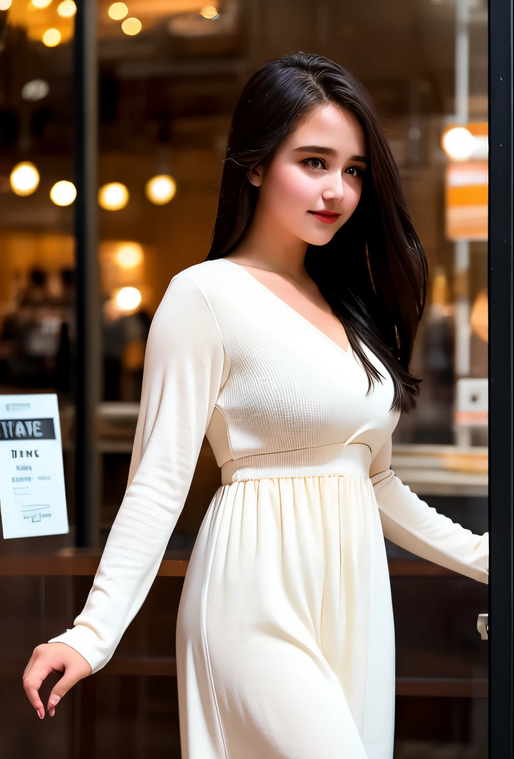 Mikayla Demaiter person posing in Coffee shop clothing store. Best quality I girl blur background bokeh mall 1.4 wearing casual clothes gorgeous Beautiful detailed sky dynamic pose 1 soft Lighting wind portrait 1.4 In and white dress