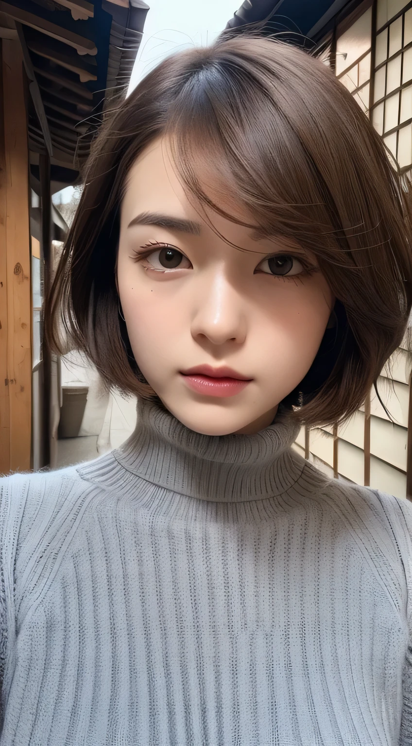 a close up of a woman with a sweater on posing for a picture, Middle Metaverse, 奈良美智, Japanese Models, Beautiful Asian Girl, With short hair, 2  female model, 4 k ], 4K], 2 7 years oldn, sakimichan