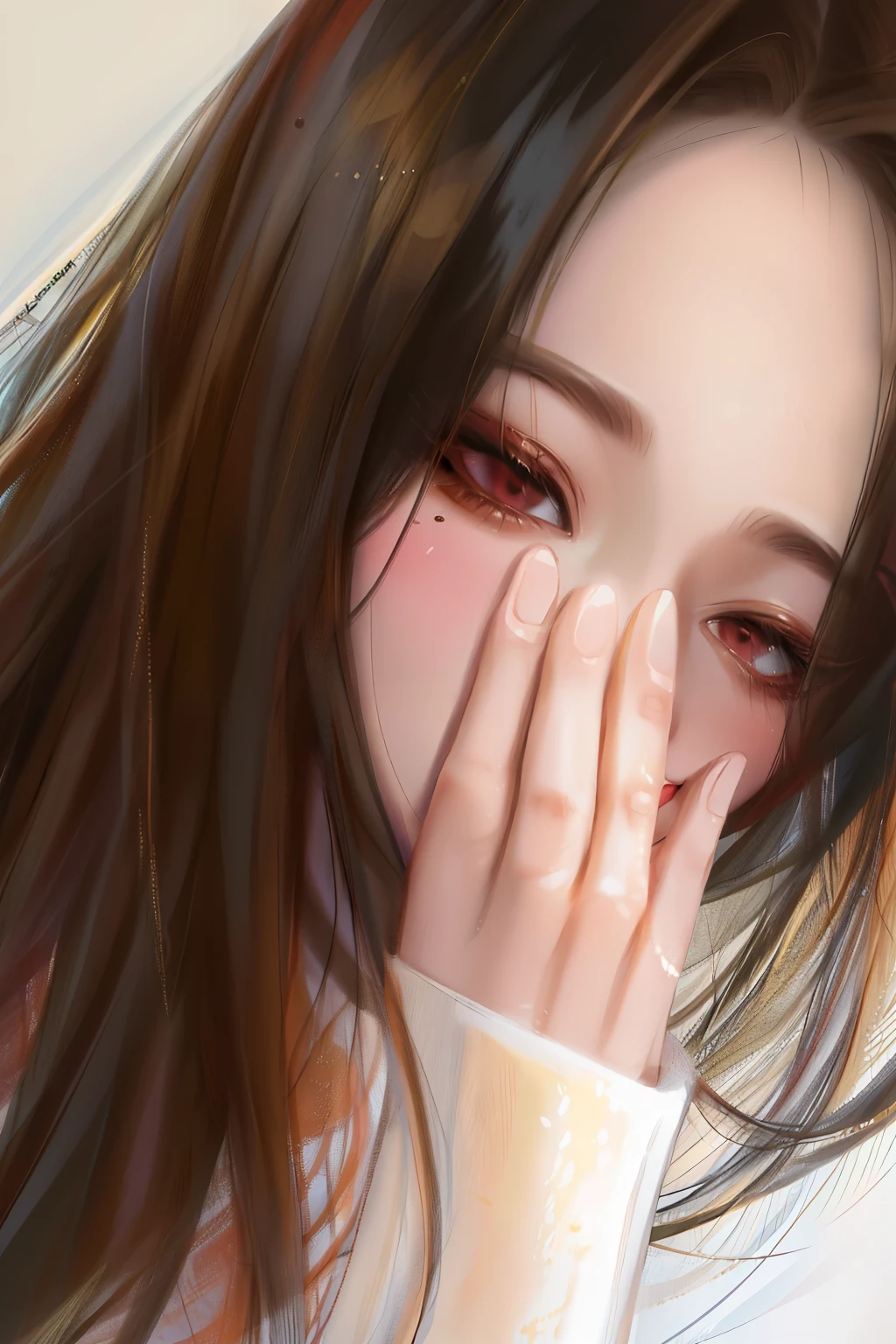  curvy Asian woman with long brown hair covering her face with her hands, com os dedos, with fofo - bom - rosto, com dedo indicador, Ulzzang, hand on cheek, dilraba dilmurat, Chiho, rosto bonito e claro, girl rosto bonito e bonito, hands on face, rosto bonito e bonito, fofo - bom - rosto