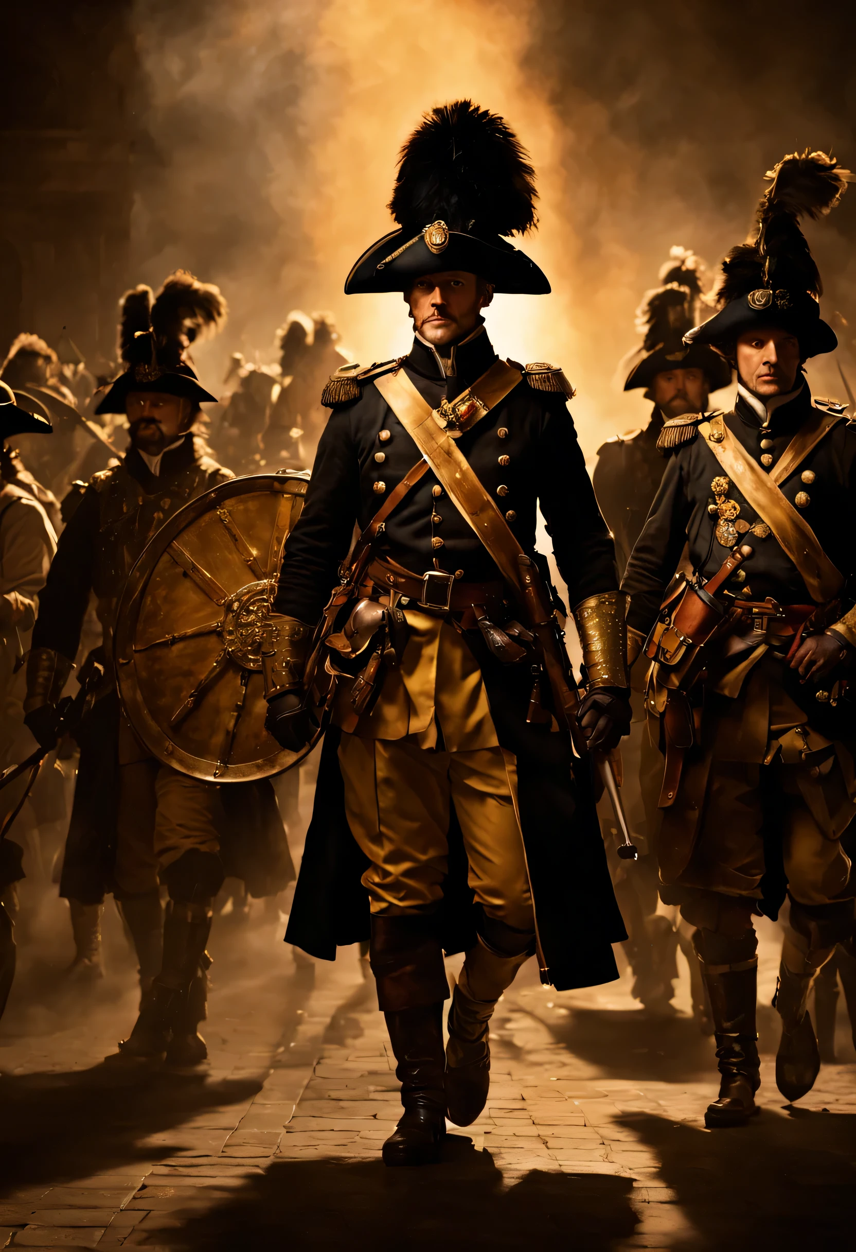 New Night Watch, Rembrandt style, eccentric, Netherlands Golden Age, dynamic group portrait of civic guard company preparing to march, แสงและเงาที่Amazing, energetic elements, details clothing and weaponry, Smoke and smog in the background. Explore different forms of light, มุ่งเน้นไปที่detailsเฉพาะ, Warm earthy color palette. Amazing, dynamic, atmosphere, details.