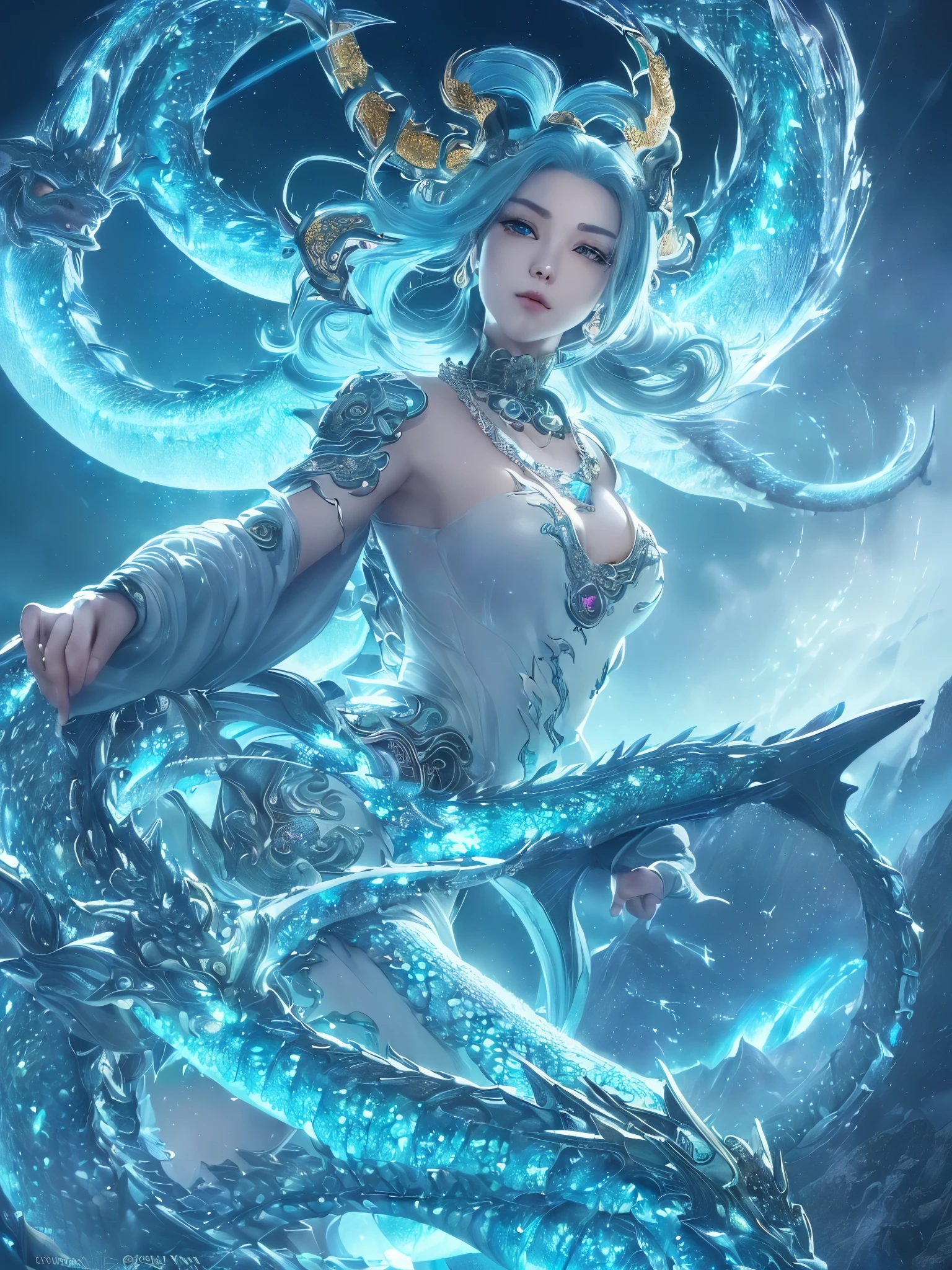 ((highest quality)),(ultra high resolution),(Super detailed),(detailed description),((best CG)),(best work of art),super precision art,amazing drawing art,(Chinese fantasy art with precise details:1.5), (1 female:1.5),((Ryujin:1.6)),(beautiful and well-shaped face:1.5),(Cold, shining light blue eyes:1.5),(A delicately detailed necklace:1.6),(A circlet with sparkling gems embedded in it:1.4),(Scaled skin that sparkles in seven colors:1.6),(Dragon&#39;s tail extending from the coccyx:1.4), (A meticulously detailed mountain range:1.4),(lightning:1.4),raging wind:1.3,