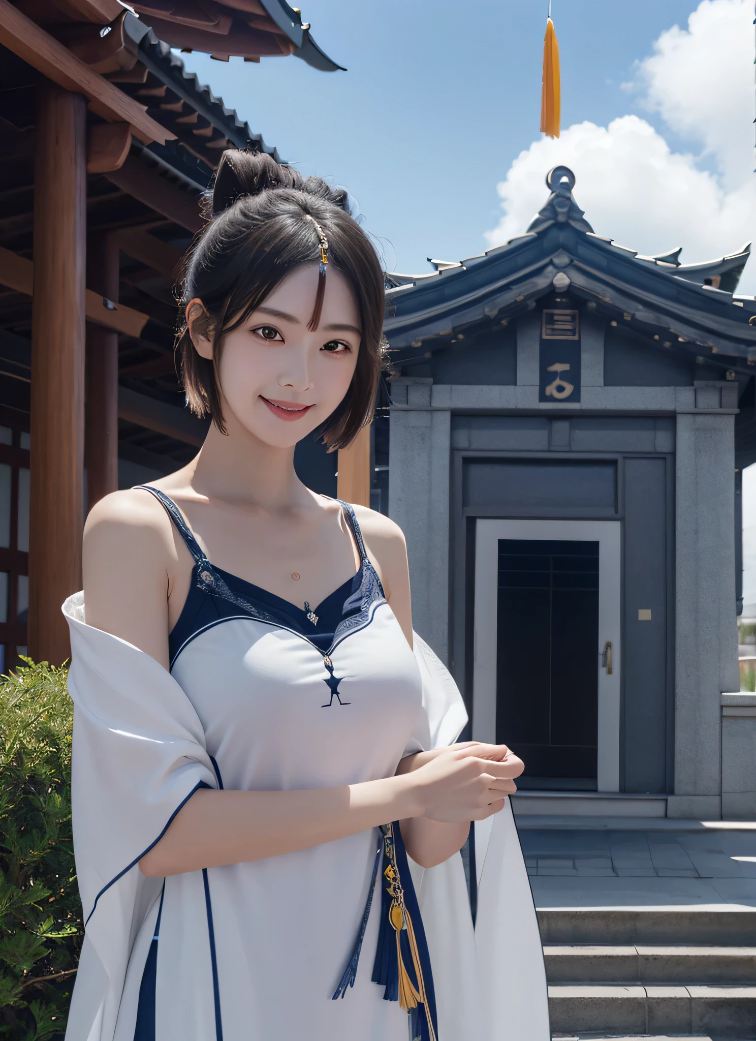 Ningguan Canyon, Upper body, Smile, blush, Outdoor sports, Sky, simple background, blue Sky空, short hair, Sky空, temple, looking at the audience, stairs, Mountain, Moody's Lighting, for the audience,