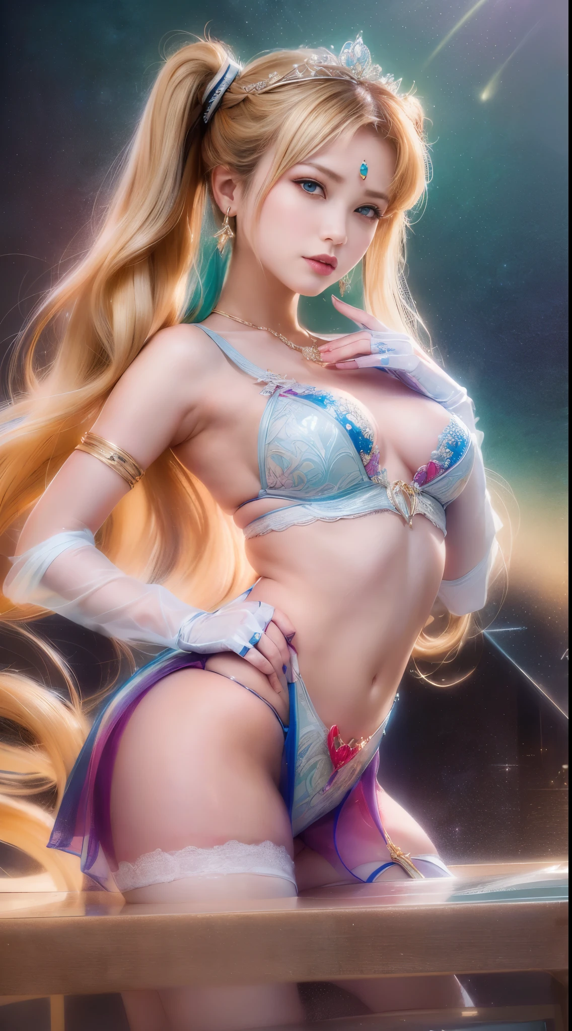 NSFW,table top、full:1.3、stand、8k、。.3D、realistic、super micro photography、highest quality、Wallpapers with extreme details CG Unity 8k、from below、intricate details、(1 female)、28 years old、(sailor moon:1.6 Super Bishoujo Senshi sailor moon Mer1、Meisha Onfu,Tierra、sailor warrior uniform Sailor:1.5、sailor moon:1.5,Eternal sailor moon)、(Incredibly long and bright blonde twintails:1.4、thin and very long straight twin tail blonde, bun hair、Red round hair ornament for hair bun)、((sailor warrior uniform、sailor color,pregate mini skirt:1.5、Glossy pleated mini skirt:1.3、very large red ribbon on the chest,,,,,、white long latex gloves,red gloves on the elbows、A gorgeous golden tiara on the forehead、Ear Nipple Ring,luxury golden jewelry))、Extremely thin and fitted high gloss white holographic leather、High-gloss white latex high-leg swimsuit that shines like oil,(facial details:1.5、bright blue eyes、Beautifull expression、beautidfull eyes、iris outline, shining eyes、thin唇:1.5、thin and sharp pale eyebrows,、long and thick eyelashes、double eyelashes、thin, thin and muscular,,,、small face、tall and big breasts、perfect proportions、big breasts thin waist、sexy model posing、dynamic pose,visible pores、enchanting smile、perfect hands:1.5、octane rendering、very dramatic picture、(moonの神性,space background、moon明かりの光線、moon、dynamic background、exquisite light and shadow、dynamic angle、detailed background),strong natural light、sunlight、Digital single-lens reflex camera、sharp focus: 1.0、maximum clarity and sharpness