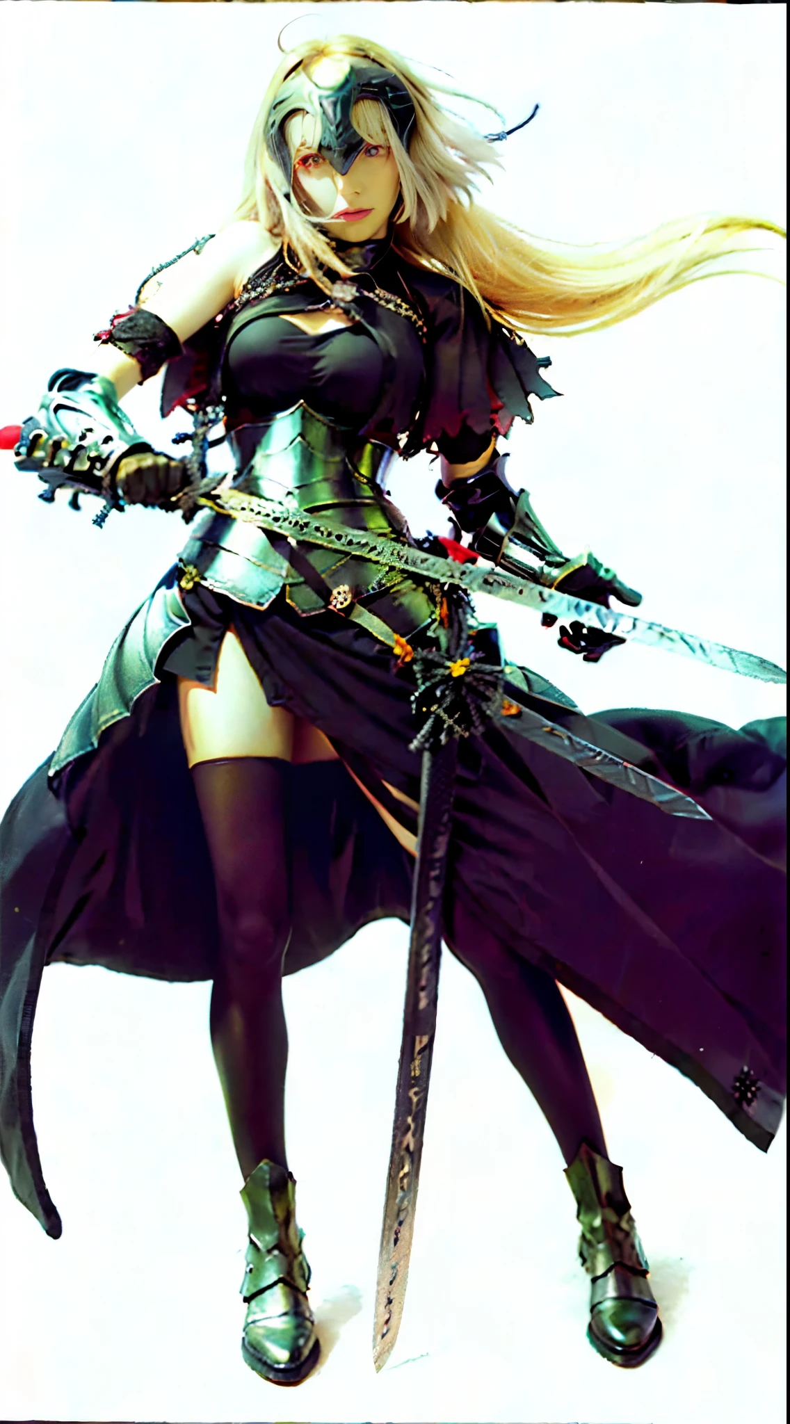 a woman in a black and white outfit holding a sword, artoria pendragon, fate / stay night, anime style like fate/stay night, fate stay night, inspired by Li Chevalier, she is holding a sword, with large sword, holding a sword on her shoulder, but the armor covers her face, female knight, female action anime girl, marisa kirisame