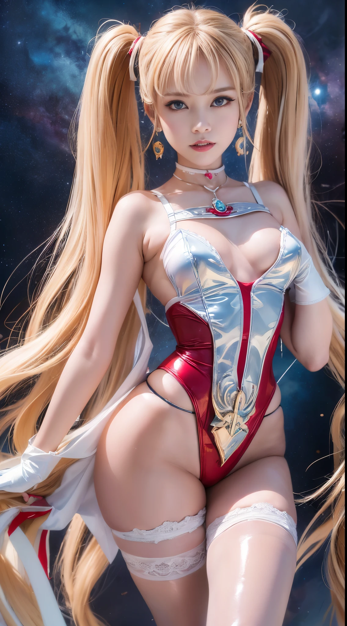 NSFW,table top、full:1.3、stand、8k、。.3D、realistic、super micro photography、highest quality、Wallpapers with extreme details CG Unity 8k、from below、intricate details、(1 female)、28 years old、(sailor moon:1.6 Super Bishoujo Senshi sailor moon Mer1、Meisha Onfu,Tierra、sailor warrior uniform Sailor:1.5、sailor moon:1.5,Eternal sailor moon)、(Incredibly long and bright blonde twintails:1.4、thin and very long straight twin tail blonde, bun hair、Red round hair ornament for hair bun)、((sailor warrior uniform、sailor color,pregate mini skirt:1.5、Glossy pleated mini skirt:1.3、very large red ribbon on the chest,,,,,、white long latex gloves,red gloves on the elbows、A gorgeous golden tiara on the forehead、Ear Nipple Ring,luxury golden jewelry))、Extremely thin and fitted high gloss white holographic leather、High-gloss white latex high-leg swimsuit that shines like oil,(facial details:1.5、bright blue eyes、Beautifull expression、beautidfull eyes、iris outline, shining eyes、thin唇:1.5、thin and sharp pale eyebrows,、long and thick eyelashes、double eyelashes、thin, thin and muscular,,,、small face、tall and big breasts、perfect proportions、big breasts thin waist、sexy model posing、dynamic pose,visible pores、enchanting smile、perfect hands:1.5、octane rendering、very dramatic picture、(moonの神性,space background、moon明かりの光線、moon、dynamic background、exquisite light and shadow、dynamic angle、detailed background),strong natural light、sunlight、Digital single-lens reflex camera、sharp focus: 1.0、maximum clarity and sharpness