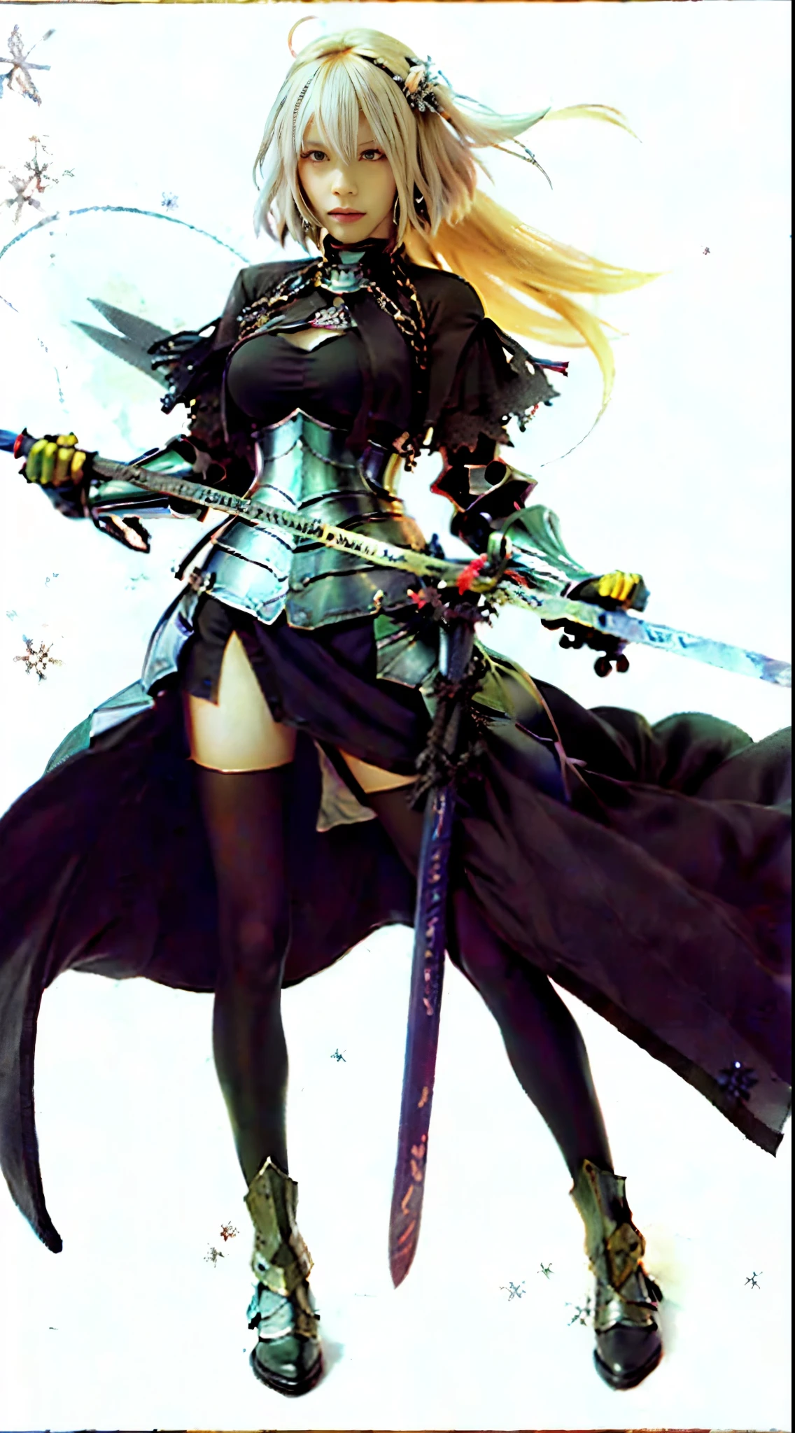 a woman in a black and white outfit holding a sword, artoria pendragon, fate / stay night, anime style like fate/stay night, fate stay night, inspired by Li Chevalier, she is holding a sword, with large sword, holding a sword on her shoulder, but the armor covers her face, female knight, female action anime girl, marisa kirisame
