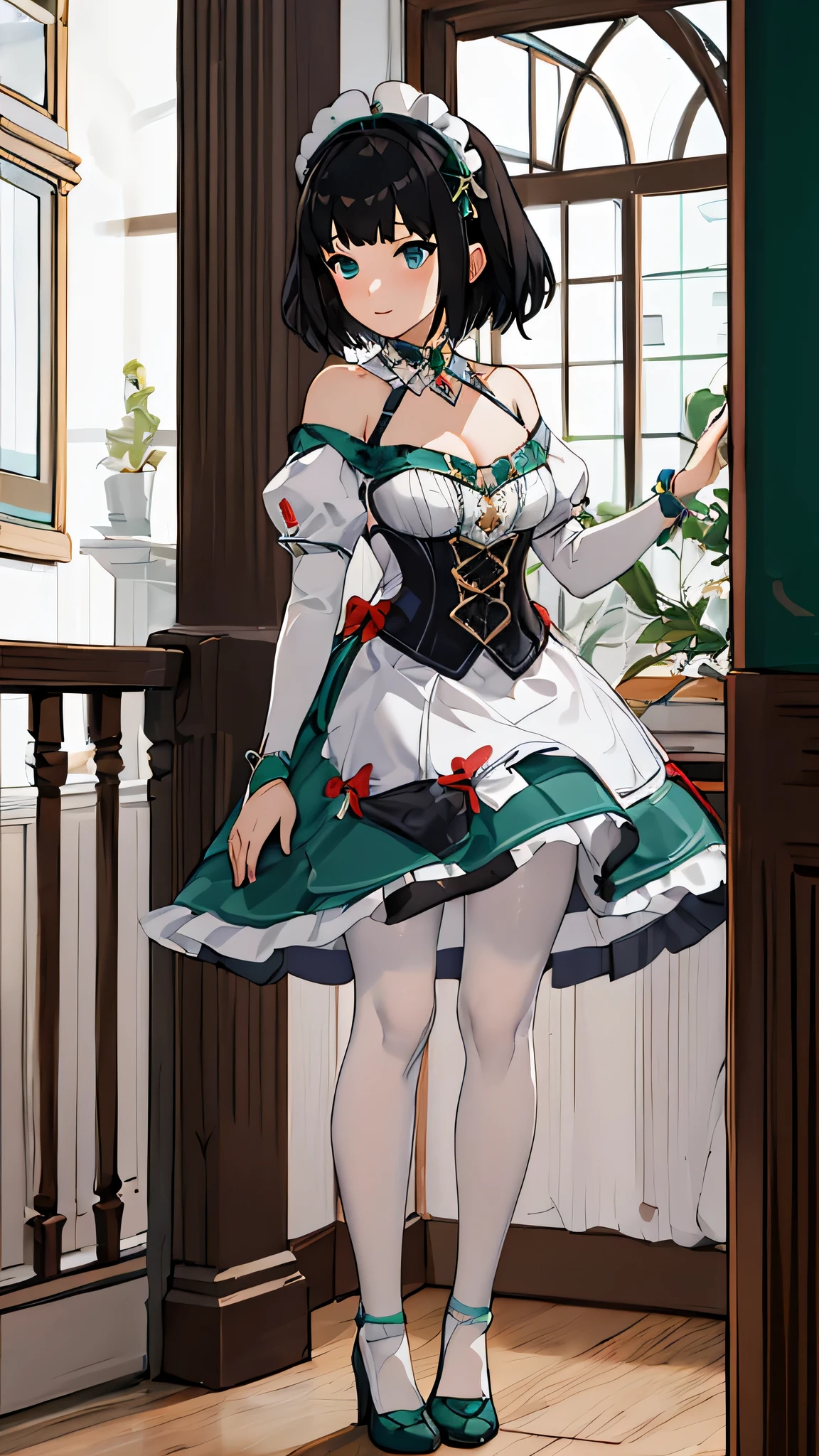 masterpiece, best quality, 1 girl,  middle Ages, whole body, medium hair, jewelry, gem, green and white dress, Off-the-shoulder style, bow, white pantyhose, Vertical striped pantyhose, puffy sleeves, blunt bangs, slit collar, maid crown, red bow, Green collar, Green shoes, corset, blue eyes,  black hair, short hair,