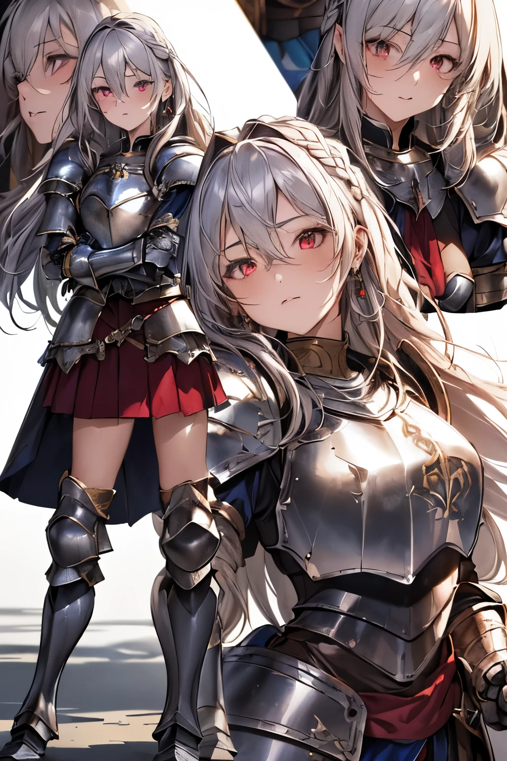 (disorganized, absolute resolution, incredibly disorganized, High resolution, reflection, refraction:1.4, super detailed:1.0, official art, unity 8k wallpaper:1.3), (1 girl, alone:1.3), (beautiful face, beautiful eyes, shiny skin, oily skin:1.3),
break,
(Collage art, (mixed media):1.2, Layered textures, diverse materials, Unexpected combinations, Creative quest, Vivid composition:1.1), (face focus, extreme close up of face:1.3), (dutch angle:1.3),
break,
(arms, red eyes, alone, long hair, sword, armor, holding, holding arms, gauntlet, holding sword, very long hair, looking at the viewer, petal, bangs, earrings, gray hair, jewelry, breastplate, closed mouth, shoulder armor, Are standing, armored boots, hair between eyes, armored dress, pauldron:1.3),