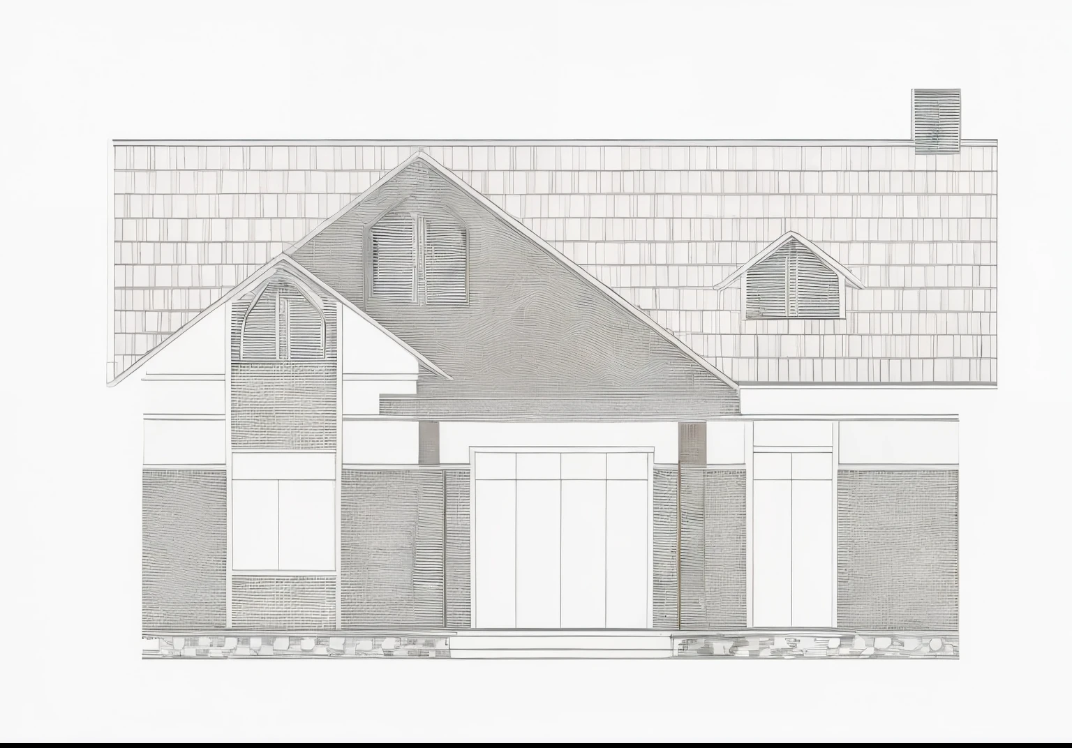 a drawing of a house with a garage and a porch, front elevation view, front elevation, elevation view, street elevation, high detail drawing, front and side elevation, side elevation, detailed 2d illustration, 2 d render, architectural drawing, 2d side view, elevation, front view dramatic, detailed penciling, right elevation, detailed line drawing, front perspective
