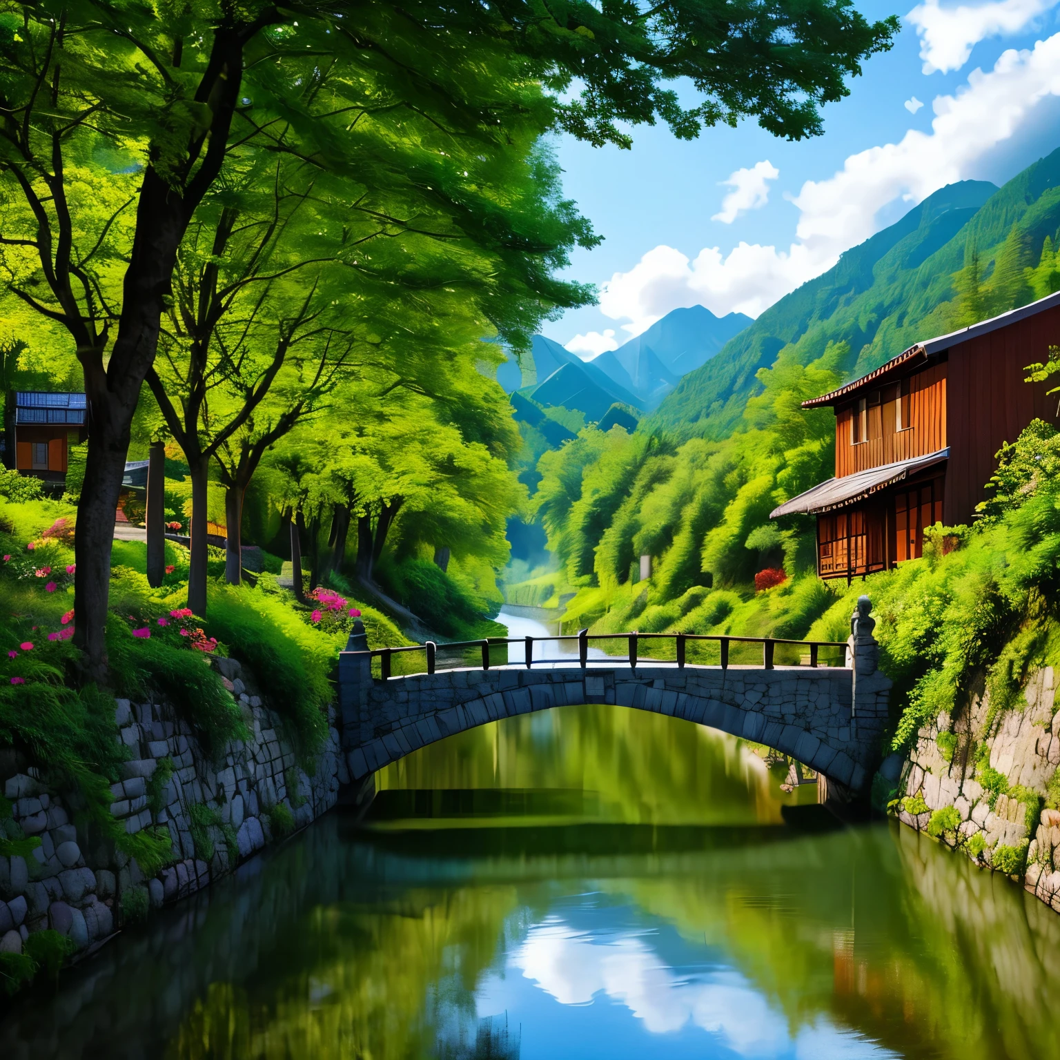 This intoxicating AI picture、transports us to a wonderland-like scene，It seemed like the perfect vacation destination full of stories。The painting shows an idyllic landscape，A pristine, rustic wooden fence surrounds this peaceful location。An ancient stone bridge spans a clear and rushing river，Above is a clear blue sky and flowing white clouds.。Colorful flowers bloom in the blooming garden，The whole village exudes peace and tranquility。

Walk along the cobblestone streets that wind through the village，It&#39;s like traveling through the river of time。Cooking smoke rises from the chimney，Birds sing happily in the distance。Gentle mountains々and bright green meadows form a tranquil backdrop，Gives you a sense of tranquility and comfortable environment。

The painting exudes tranquility and warmth，Seems like a great place to escape from the hustle and bustle。In this comfortable environment，Feel the peaceful atmosphere，Experience the warm atmosphere。Whether it&#39;s a walk in the soft sun，Or relax in comfort，it&#39;s all a perfect vacation。
