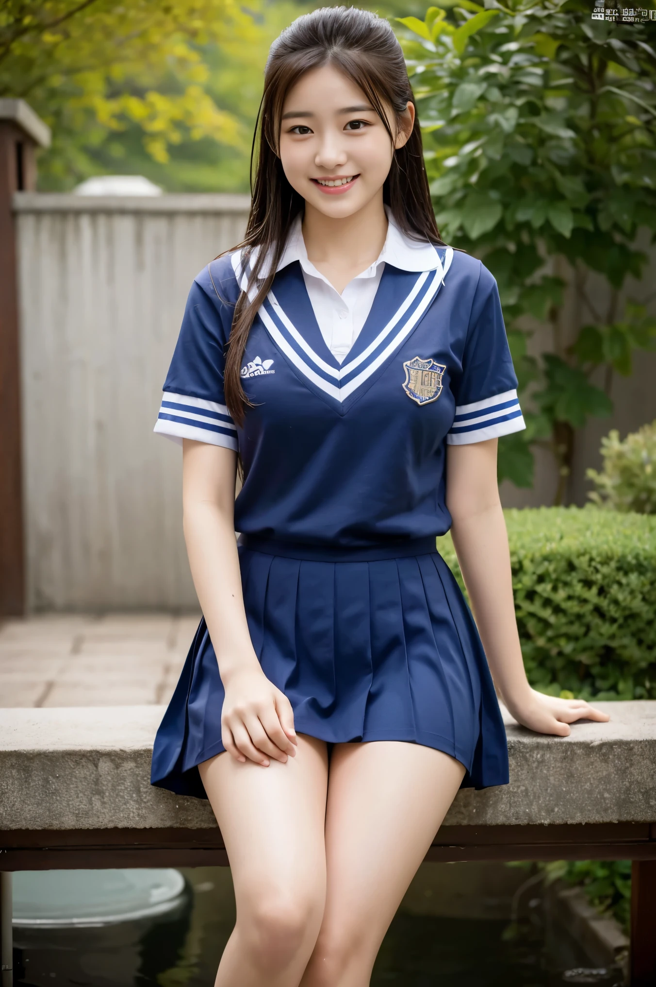 (8k), (highest quality: 1.2), (realistic), (realistic: 1.37), ultra high resolution, 1 girl, cute, smile, closed mouth, beautiful details, beautiful nose, whole body, wet hair, giant dulcefo, pork, school uniform, thighs