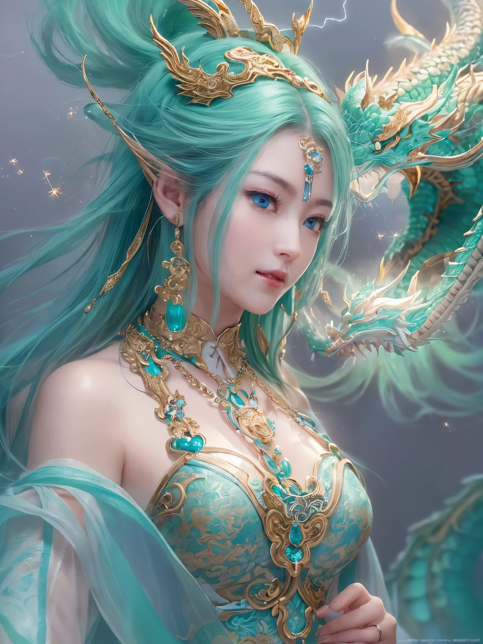((highest quality)),(ultra high resolution),(Super detailed),(detailed description),((best CG)),(best work of art),super precision art,amazing drawing art,(Chinese fantasy art with precise details:1.5), (1 female:1.5),((Ryujin:1.6)),(beautiful and well-shaped face:1.5),(Cold, shining light blue eyes:1.5),(A delicately detailed necklace:1.6),(A circlet with sparkling gems embedded in it:1.4),(Scaled skin that sparkles in seven colors:1.6),(Dragon's tail extending from the coccyx:1.4), (A meticulously detailed mountain range:1.4),(lightning:1.4),raging wind:1.3,