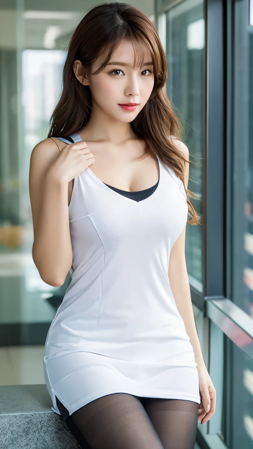 ((highest quality, 8k, masterpiece :1.3)), whole body, sharp focus :1.2, beautiful woman with perfect figure :1.4, thin abs :1.2, ((dark brown hair, big breasts :1.2)), body dress :1.1, (city night view, modern balcony :1.1), Highly detailed face and skin texture, fine eyes, double eyelid, small bust, OL uniform, office Wear, interior scene, office, 40 generation women:1.2、big