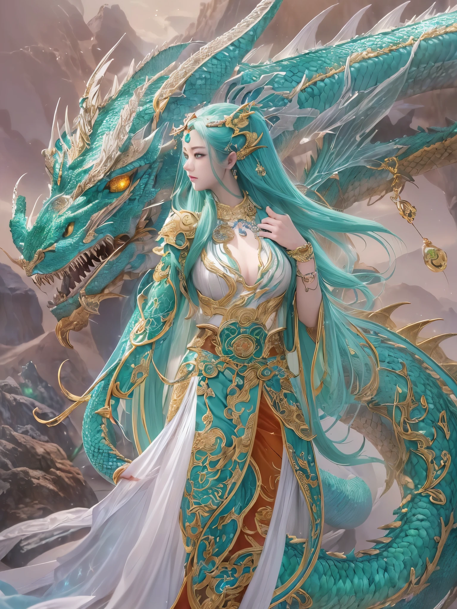 ((highest quality)),(ultra high resolution),(Super detailed),(detailed description),((best CG)),(best work of art),super precision art,amazing drawing art,(Chinese fantasy art with precise details:1.5), (1 female:1.5),((Ryujin:1.6)),(beautiful and well-shaped face:1.5),(Cold, shining light blue eyes:1.5),(A delicately detailed necklace:1.6),(A circlet with sparkling gems embedded in it:1.4),(Scaled skin that sparkles in seven colors:1.6),(Dragon's tail extending from the coccyx:1.4), (A meticulously detailed mountain range:1.4),(lightning:1.4),raging wind:1.3,