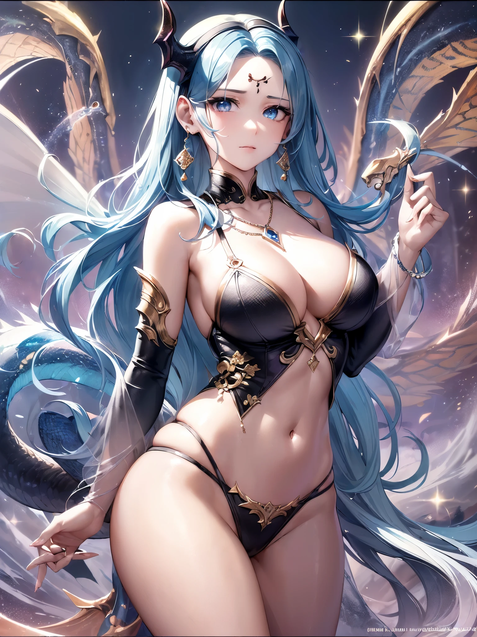 ((highest quality)),(ultra high resolution),(Super detailed),(detailed description),((best CG)),(best work of art),super precision art,amazing drawing art,(Chinese fantasy art with precise details:1.5), (1 female:1.5),((Ryujin:1.6)),(beautiful and well-shaped face:1.5),(Cold, shining light blue eyes:1.5),(A delicately detailed necklace:1.6),(A circlet with sparkling gems embedded in it:1.4),(Scaled skin that sparkles in seven colors:1.6),(Dragon's tail extending from the coccyx:1.4), (A meticulously detailed mountain range:1.4),(lightning:1.4),raging wind:1.3,