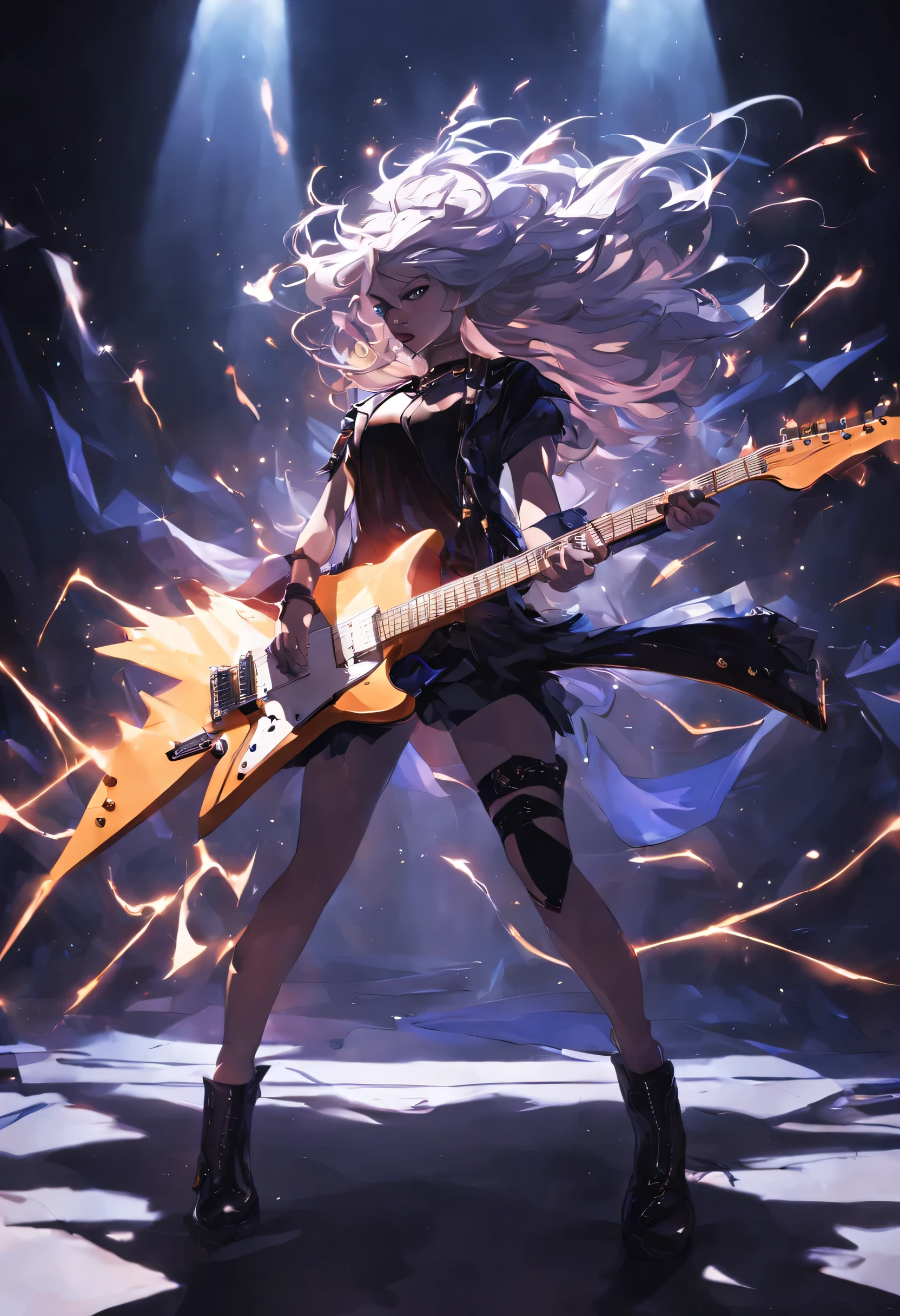 Image of a girl with a fierce and passionate expression, play the electric guitar vigorously. she has wild, Flowing hair that appears to move with the energy of the performance. A girl stands on a stage with dramatic lighting that casts dynamic shadows。, Emphasize the movement and emotion of the moment. her costume is edgy、Reflects a rock&#39;n&#39;roll vibe, Featuring leather and metal accents. The electric guitar she plays is impressive., Bright colors, Contrast with the dark background of the stage. Sparks and streaks of light emanate from the guitar., Visualize the powerful sound waves and enthusiastic atmosphere of live performance. The scene is lively, full of movement, Captures the essence of a rock concert