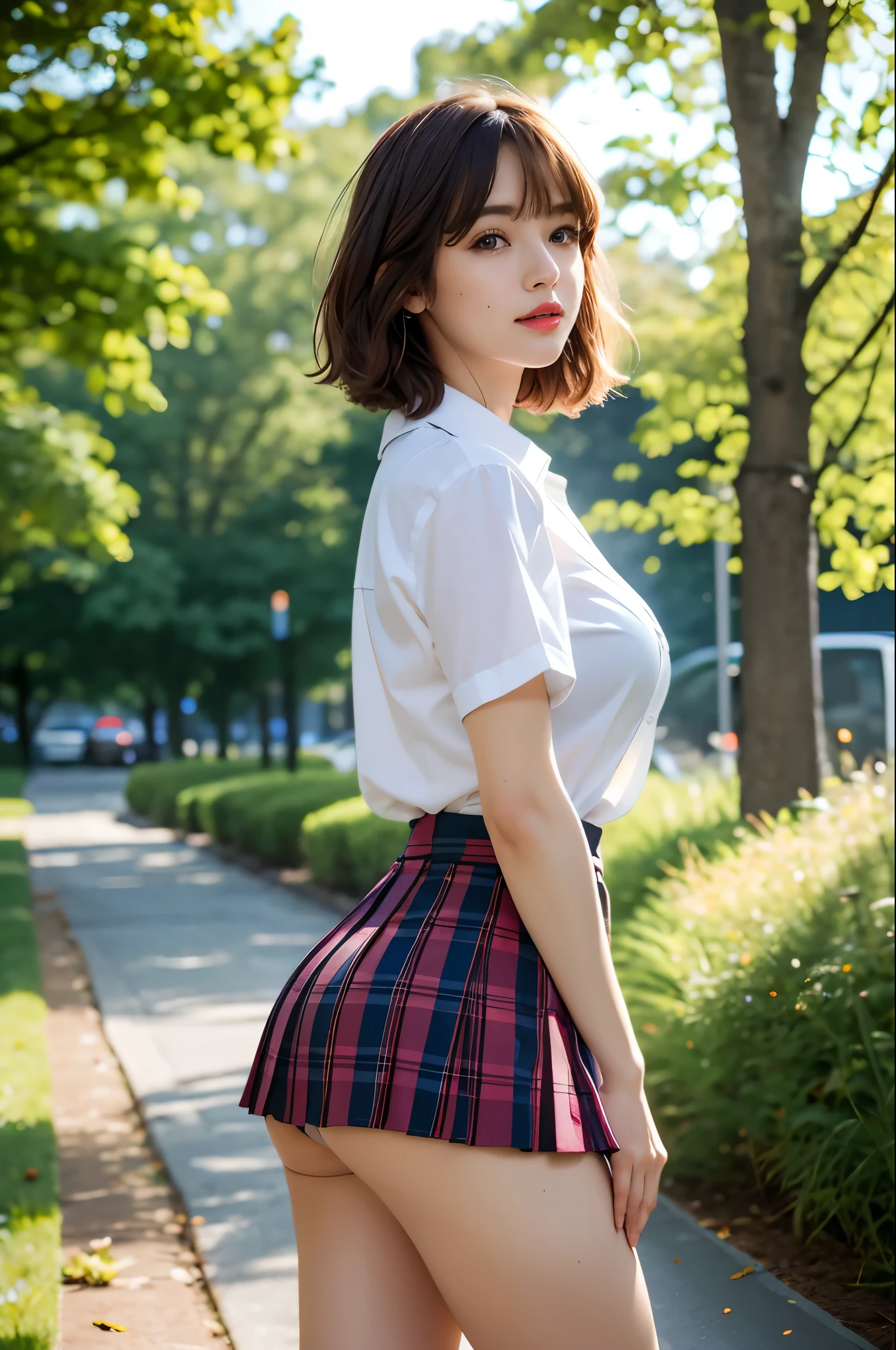 nsfw, 8K raw photo, Best quality, masterpiece, ultra high res, film grain, filmg, 1girl, looking at viewer, natural skin texture, realistic eye and face details, full lips, lipstick, (makeup), red eyeshadow, fluffy short hair, messy hair, smile, close mouth, beautiful legs, tall female, skinny, slim_legs, solo, enormous , cleava with buttocks facinltra short skirt, ass, shirt, beautiful ure location, around flower location, (detailed background), plaid skirt, white shirt, enormous breast, cleavage, Show a cleavagh the shirt, loafers, blkground, blurry, holding, plaid, short sleeves, jk ribbon on the neck, jk ribbon, brown hair, bracelet, water, bangs, school uniform, jewelry, parted lips, lips, from side, pleated skirt, depth of field