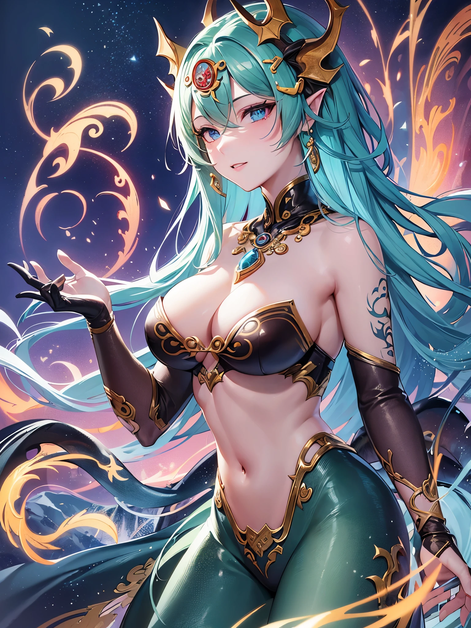 ((highest quality)),(ultra high resolution),(Super detailed),(detailed description),((best CG)),(best work of art),super precision art,amazing drawing art,(Chinese fantasy art with precise details:1.5), (1 female:1.5),((Ryujin:1.6)),(beautiful and well-shaped face:1.5),(Cold, shining light blue eyes:1.5),(A delicately detailed necklace:1.6),(A circlet with sparkling gems embedded in it:1.4),(Seven-colored shimmering scaly skin that covers the whole body:1.6),(Dragon's tail extending from the coccyx:1.4), (A meticulously detailed mountain range:1.4),(lightning:1.4),raging wind:1.3,