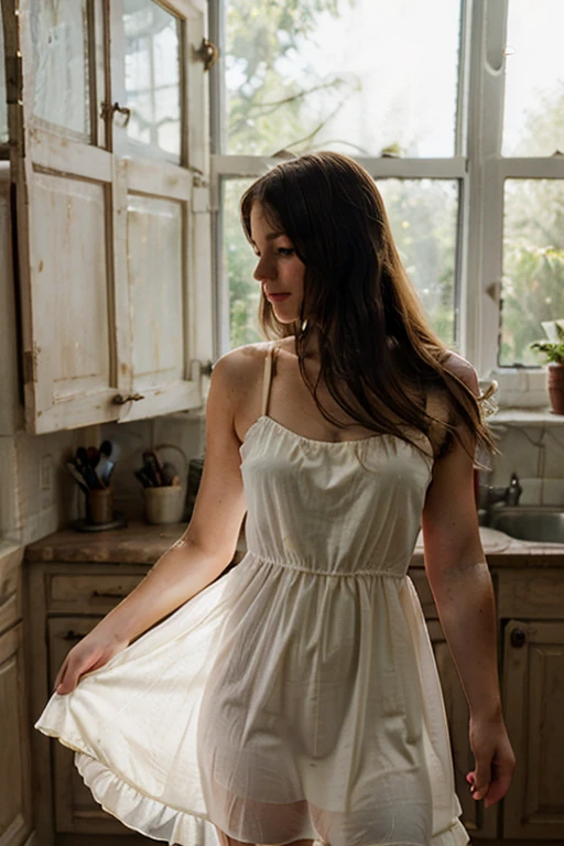 A wonderful model photographed by David Dubnytsky, farmer girl, feminin, soft light, backlight, old Russian kitchen, she is wearing a very thin dress, sun is shining through her short chiffon dress, the silhouette of her body is visible, her dress is from very thin chiffon and very transparent, Full body shot, very beautiful face, she wears no underwear, 