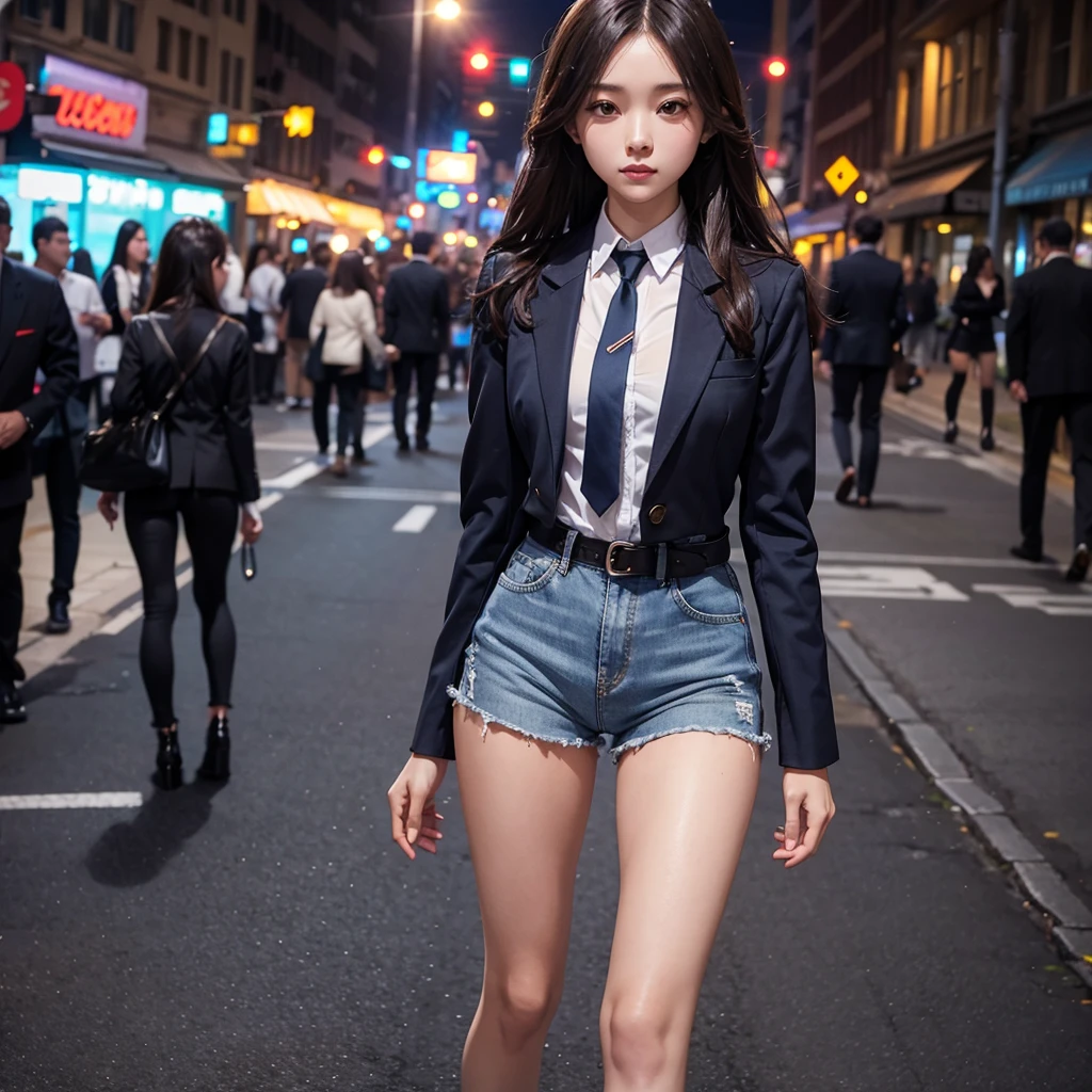 girl,high waist long sleeve suit,tie,skinny denim shorts,walk,city night