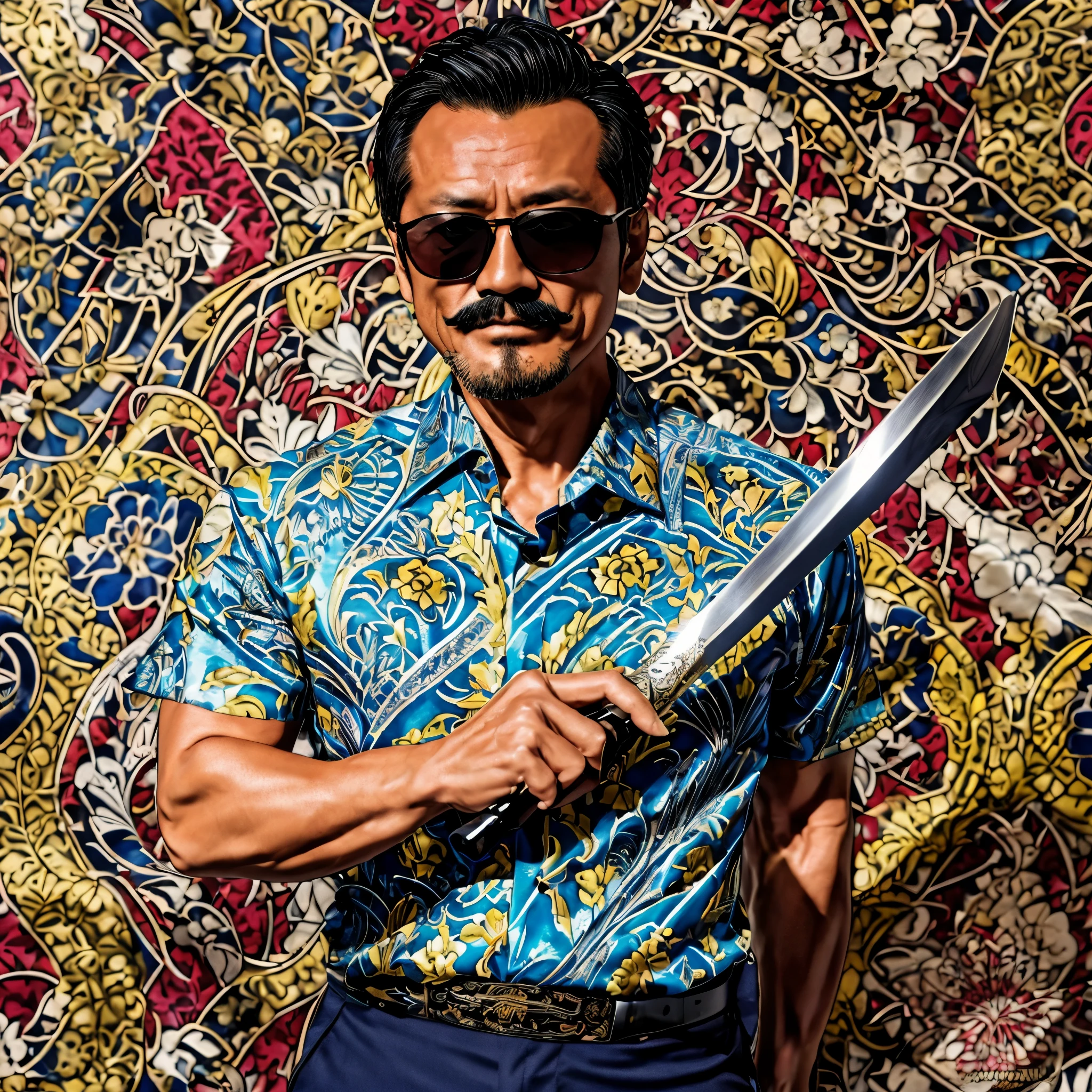 50 years old，Hidetoshi Nakata ，（Kogoro Mouri 1.3), tong, mustache，little beard, short sleeve batik shirt, ray ban sunglasses, holding sword, colourful pattern background, super detail, photography picture, wallpaper picture quality, masterpiece, high resolution, 4k hd, 8k hd, 16k hd