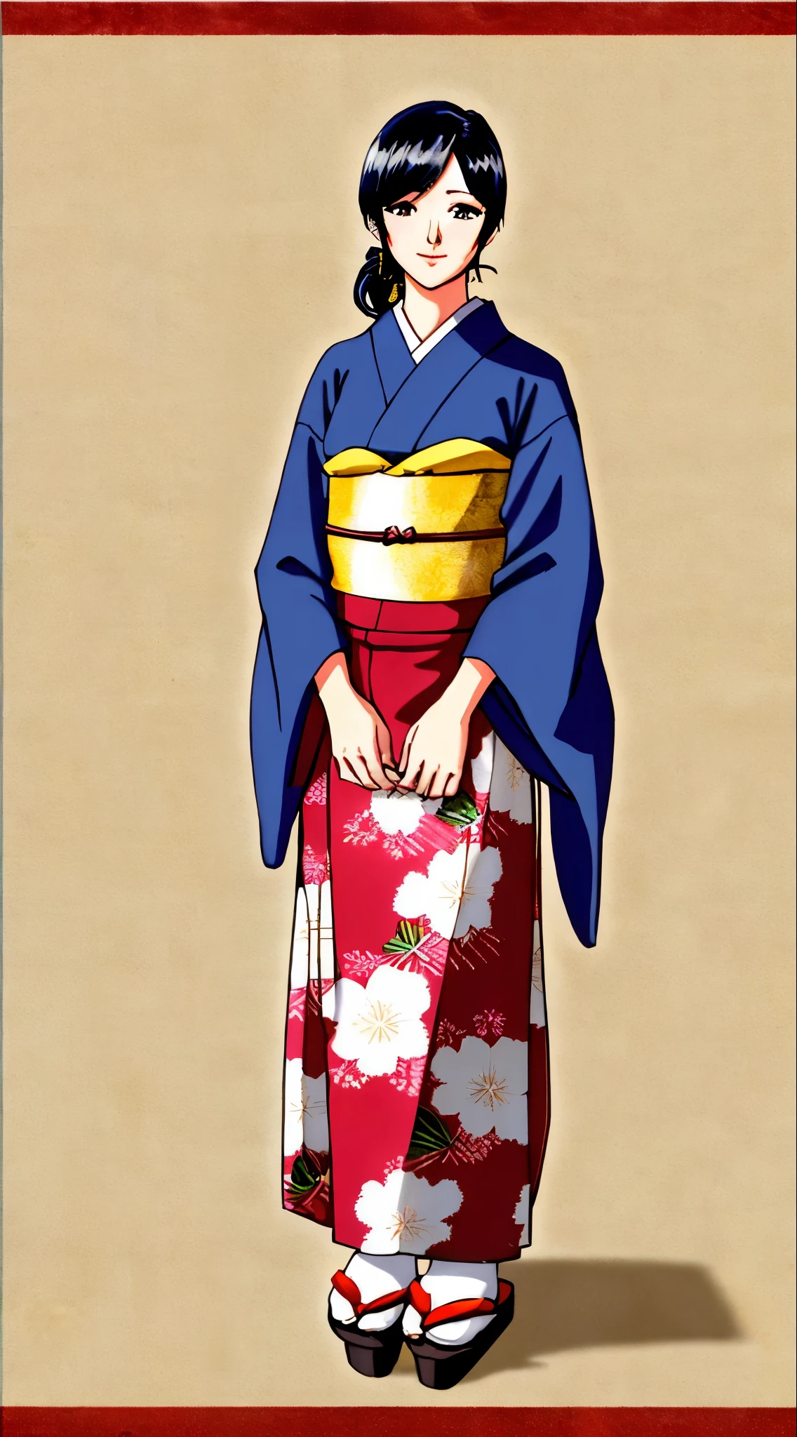 ((highest quality)), ((masterpiece)), (be familiar with), perfect face whole body, Are standing, めちゃくちゃbe familiar with, ultra high resolution, super detailed, highest quality, one woman, adult woman, Japanese, Meiji period, japanese hair, Takashi Shimada, perfect japanese kimono, Kimono without a pattern, wearing tabi socks, Wearing zori shoes, black hair, perfectly symmetrical face, highly detailed eyes, super beautiful, Perfect body balance