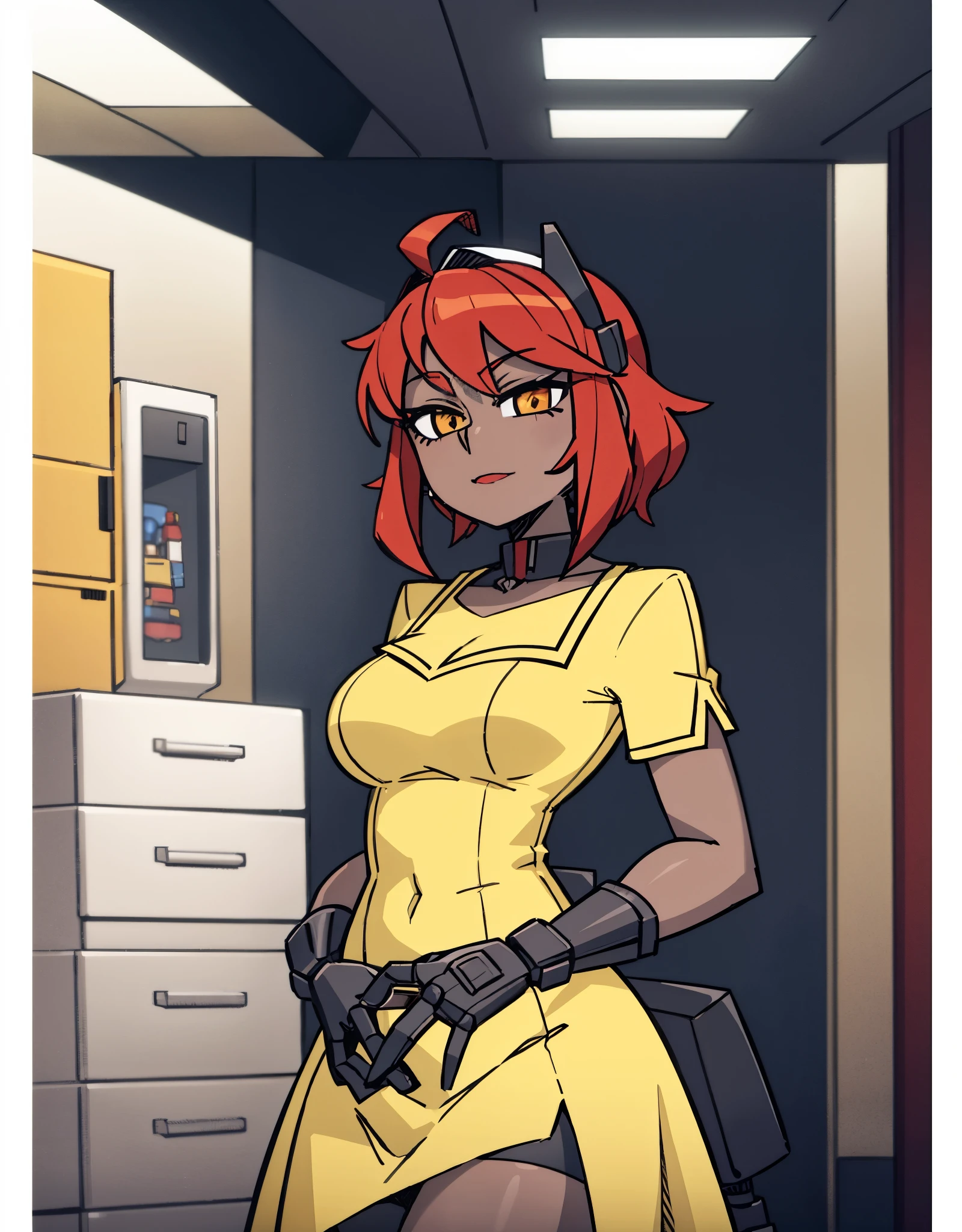 Robot Housewife, saturated colors, milf, red hair, ahoge, dark skin, brown eyes, yellow dress, lipstick, mechanical hands, doll case