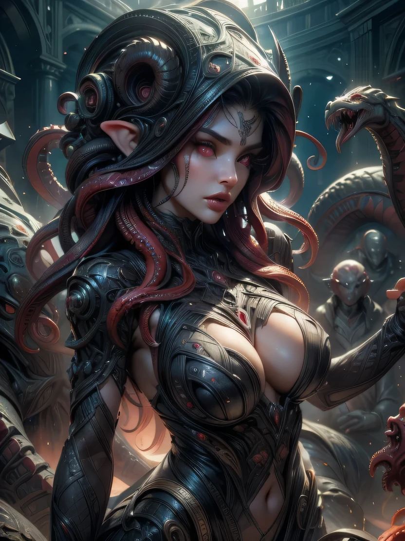 ((masterpiece、highest quality、Super detailed、High resolution、realistic、sharp focus、cinematic lighting))、Beautiful female alien from the world of Lovecraft、cowboy shot、dark atmosphere、Seductive red eyes、Sexy Alien、multiple hands、(Lots of blue tentacles)、Extraterrestrial life form、cell、bio image、attractive thick eyebrows、 (big red glowing eyes)、Beautiful eyes with high bilateral symmetry、highly detailed eyes、clear eyes、Smooth limbs、Intimate look、perfect anatomy、(Beautiful toned body)、(moist skin),、body smeared with mucus、Glamour、Dress with a ferocious image、heavy makeup、long canines、gorgeous face、many intertwined tentacles、SF、evil aura、H. R.Giger'Impact of、cthulhu、view audience、snake hair、3DMM、tentaclehorrorai