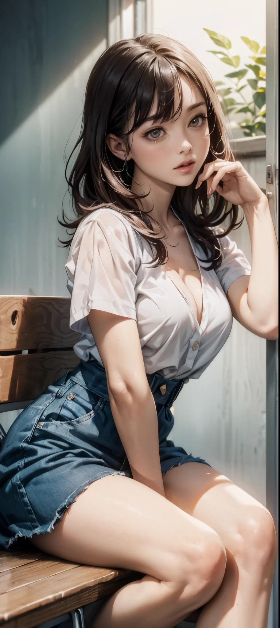 girl in summer clothes, white blouse, light blue shorts, pantyhose or long stockings, making like she wants to kiss you, view from viewer, medium breasts, cleavage, random backgroud, flirtatious look, ((very detailed)), (perfectly detailed face), (well detailed hand) photorealistic image.