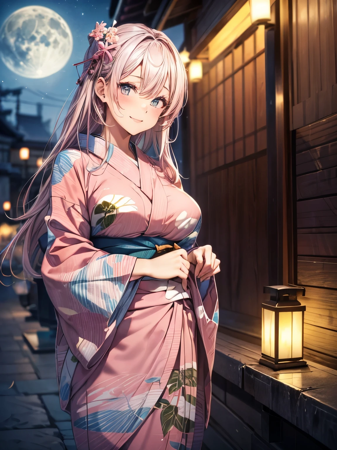 highest quality、complete limbs、Refers to the whole、1 beautiful woman、beautiful big breasted woman:1.3、pink haired woman、big smile、straight hair woman、(((Woman in pink yukata:1.3)))、((Exterior of the inn illuminated))、night、full moon