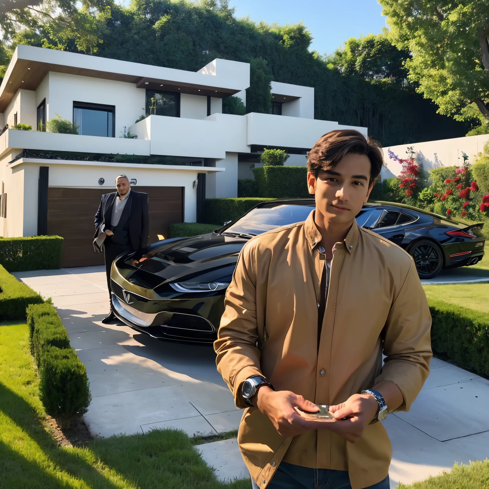 Give me a picture of a billionaire guy who is realistic and has luxury cars and a luxury house behind him and an expensive watch in the boy's hand.  , which I use in the background of my YouTube thumbnail  