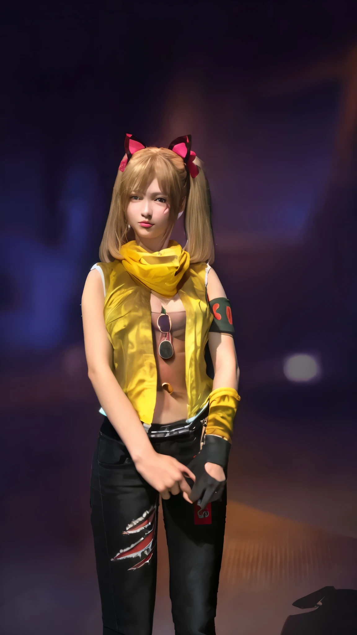 Best quality, masterpiece, very high resolution, (photorealistic: 1.4), raw photo, 1 girl, open yellow shirt, bare shoulders, bright glowing skin, faint smile