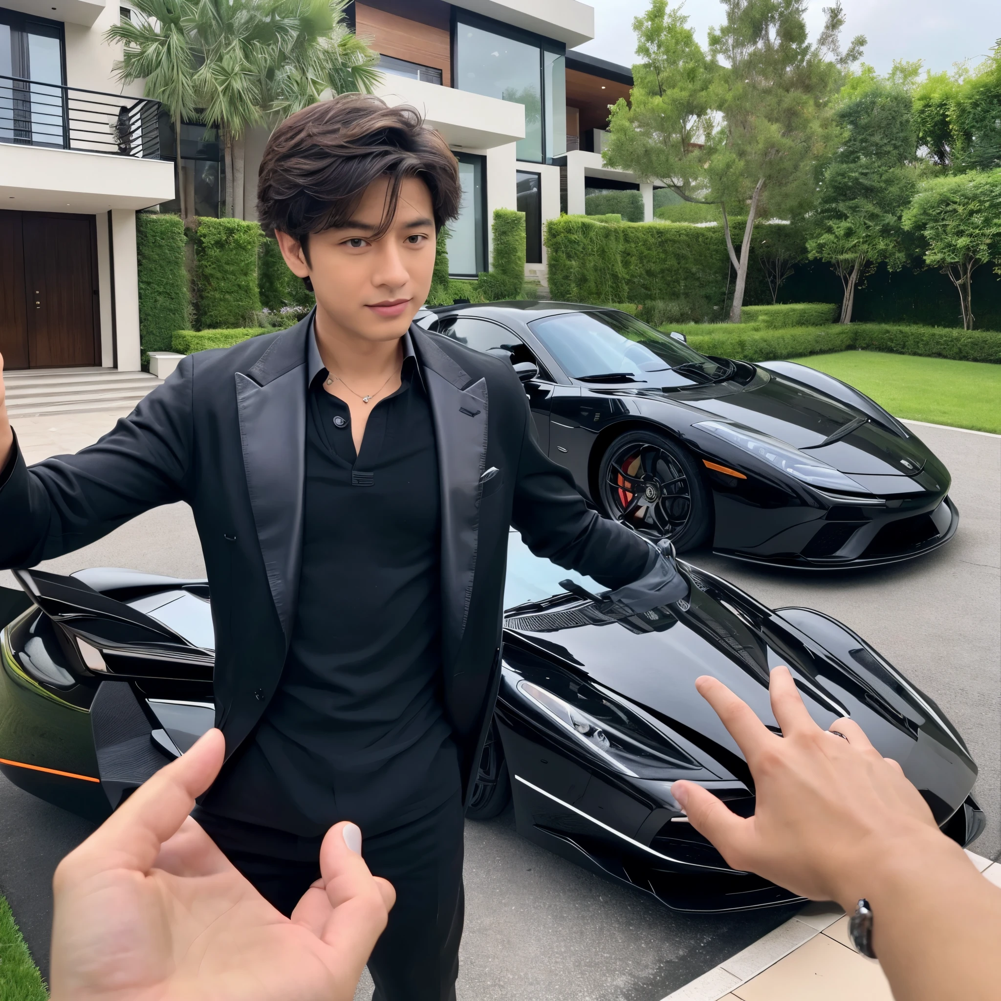 Give me a picture of a billionaire guy who is realistic and has luxury cars and a luxury house behind him and an expensive watch in the boy's hand.  , which I use in the background of my YouTube thumbnail  