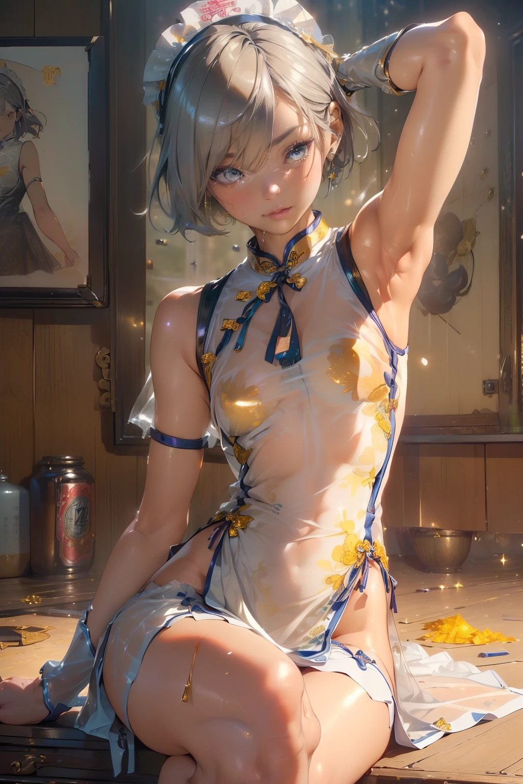 (quality)), ((masterpiece)), Recommended results、puffy nipples、(see through:1.5)、straighten your back、abdominal muscles、huge bust、angle to floor:1.2、low camera angle、Hair loss on crotch,Hatsune Miku,(cyborg girl),maid 1 名女孩)),((charming and beautiful pale nipples 金色的 hair)),(big breasts:1.4),Breast sagging,(((pale nipples 金色的 bob hair:1.35,Colored inner hair,short hair),),((pale nipples ((金色铠甲cheongsam)),((maid mechanical 玩具娃娃:1.5,body:1.5,metal skin,ball joint,cyborg:1)),(((pale nipples_((fat)),(((shiny skin:1.5,bright skin: 1.5,shiny skin,very shiny skin,shining body,plastic glitter skin,exaggerated shiny skin,glowing skin,wet legs))),(lower abdomen,Yao Liu,wide hips,detailed body,(Detailed face)),charming,Tempting,,((national foundation)),(maid headdress),only_Shoulder,Delicate metal decoration,hat,(maid),sleeveless,mini skirt,boots,art photography,(Photos taken by sldr),high resolution, sharp focus,(super detailed, Very detailed), (realistic artwork:1.37),(Very detailed CG unity 8k wallpaper),(masterpiece),(最好的quality),Perfect face,Perfect face,round face,lifelike,analog style,((complex details)),(((realism))),金色short hair,cheongsam